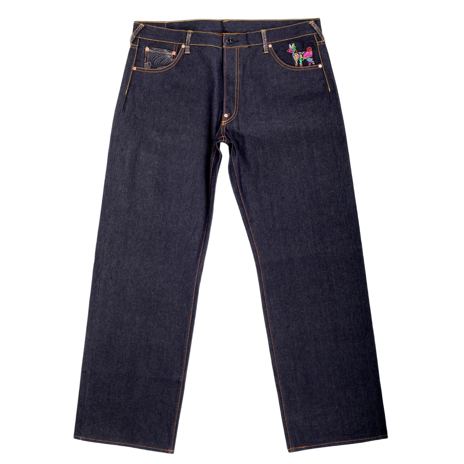 RMC JEANS DARK INDIGO GENUINE EXCLUSIVE MONK EMBROIDERED VINTAGE RAW SELVEDGE JEANS REDM9066