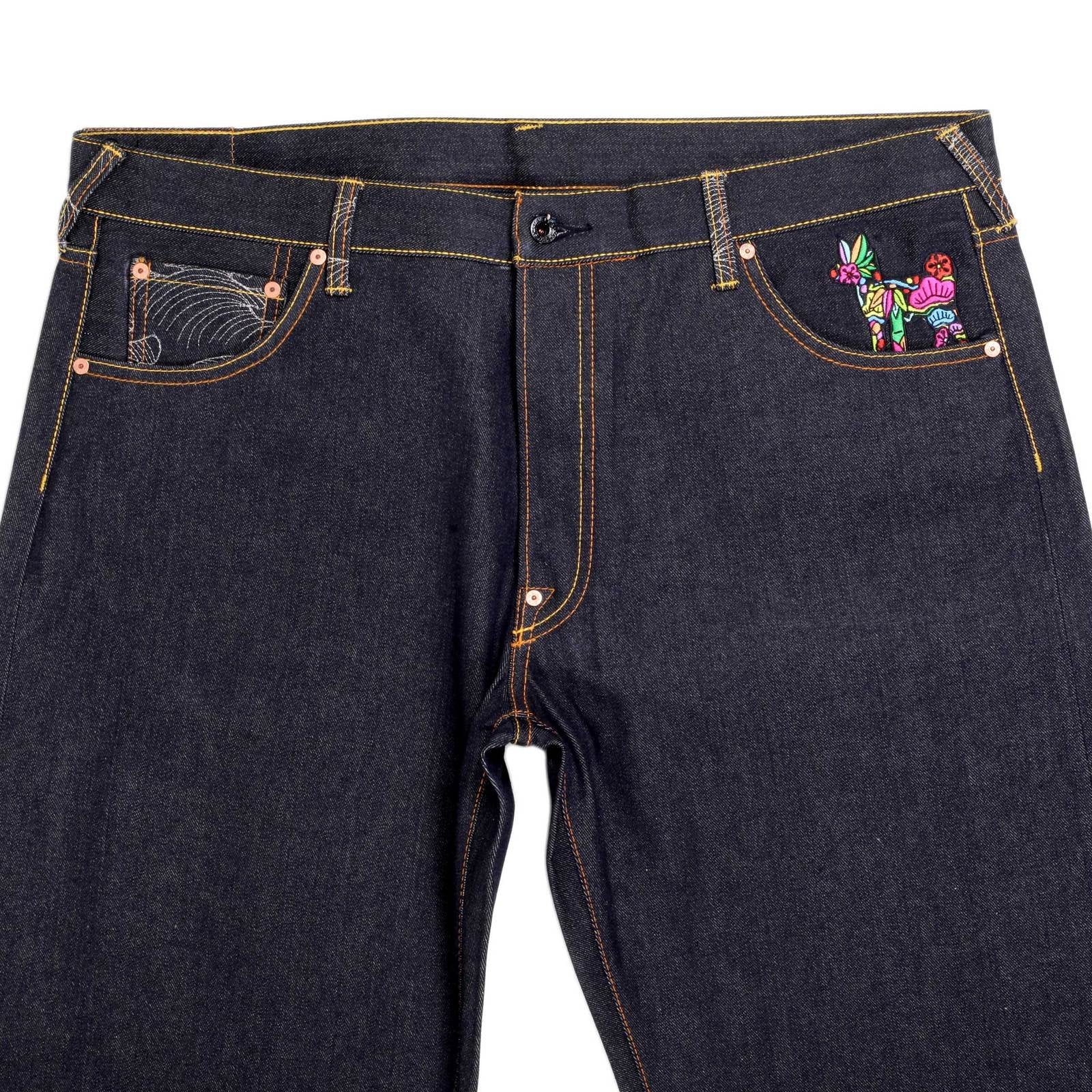 RMC JEANS DARK INDIGO GENUINE EXCLUSIVE MONK EMBROIDERED VINTAGE RAW SELVEDGE JEANS REDM9066