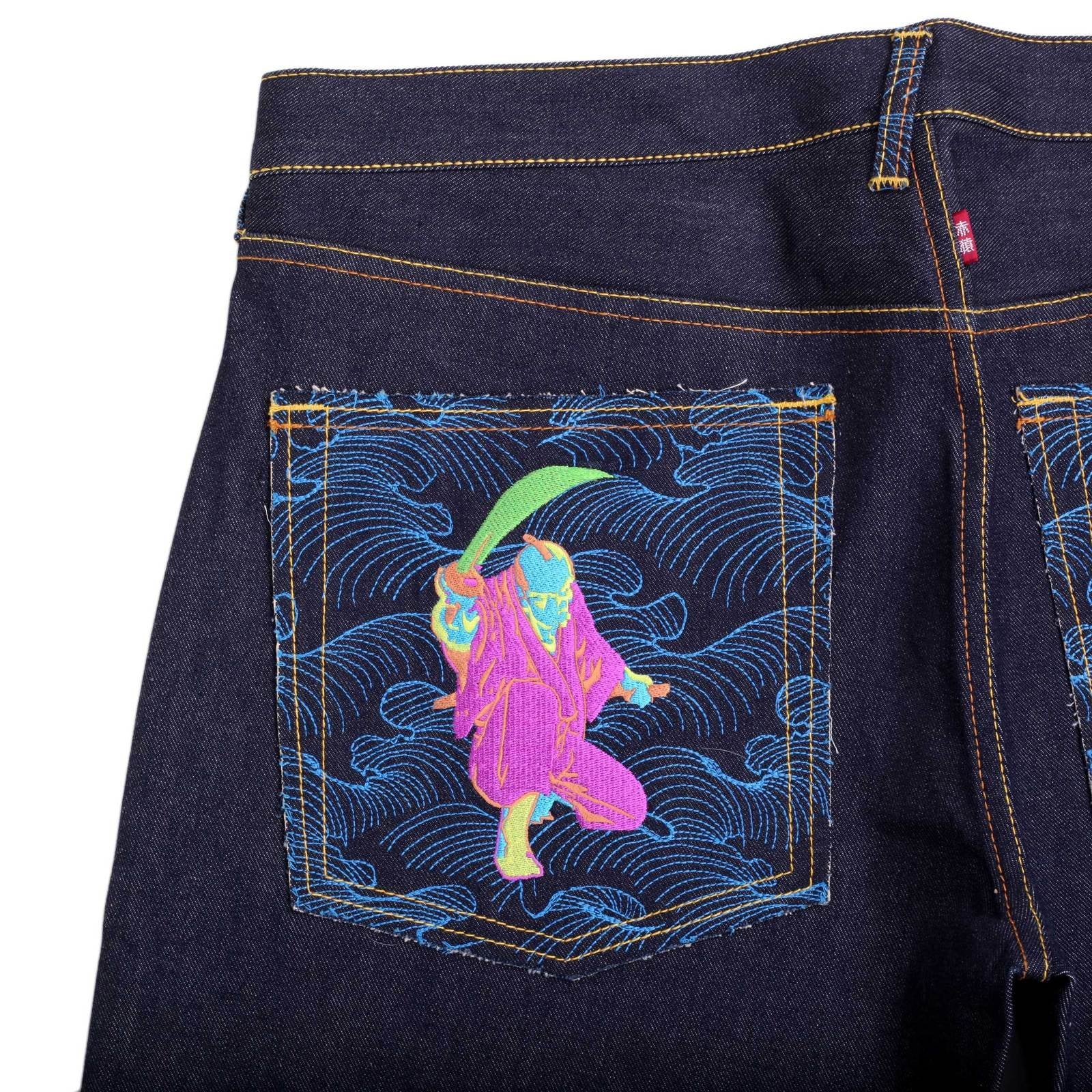 RMC JEANS DARK INDIGO AUTHENTIC EXCLUSIVE WARRIOR EMBROIDERED VINTAGE RAW SELVEDGE JEANS REDM9068