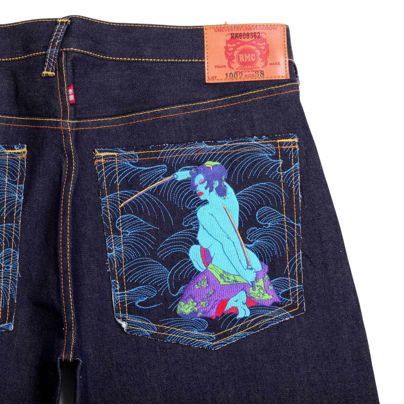 RMC JEANS DARK INDIGO AUTHENTIC EXCLUSIVE WARRIOR EMBROIDERED VINTAGE RAW SELVEDGE JEANS REDM9068