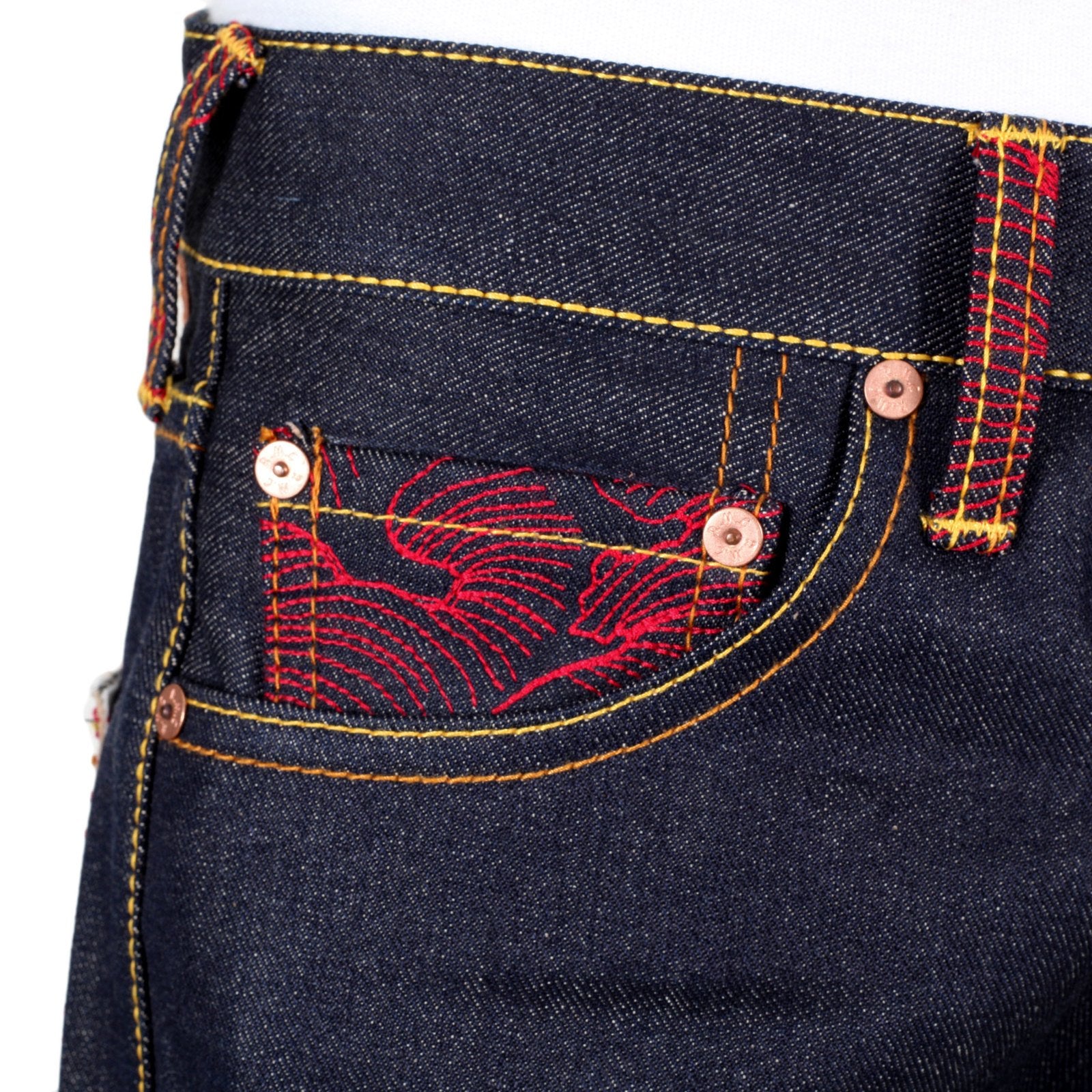 RMC JEANS DARK INDIGO GENUINE SUPER EXCLUSIVE SENSOUKIRAI EMBROIDERED VINTAGE RAW SELVEDGE JEANS REDM9069