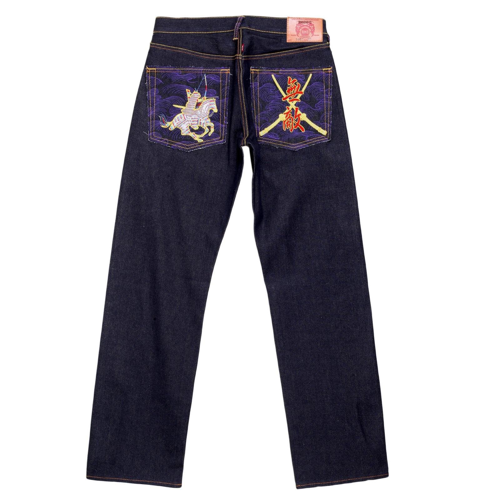RMC JEANS DARK INDIGO GENUINE EXCLUSIVE HORSE AND SWORD EMBROIDERED VINTAGE RAW SELVEDGE JEANS REDM9070