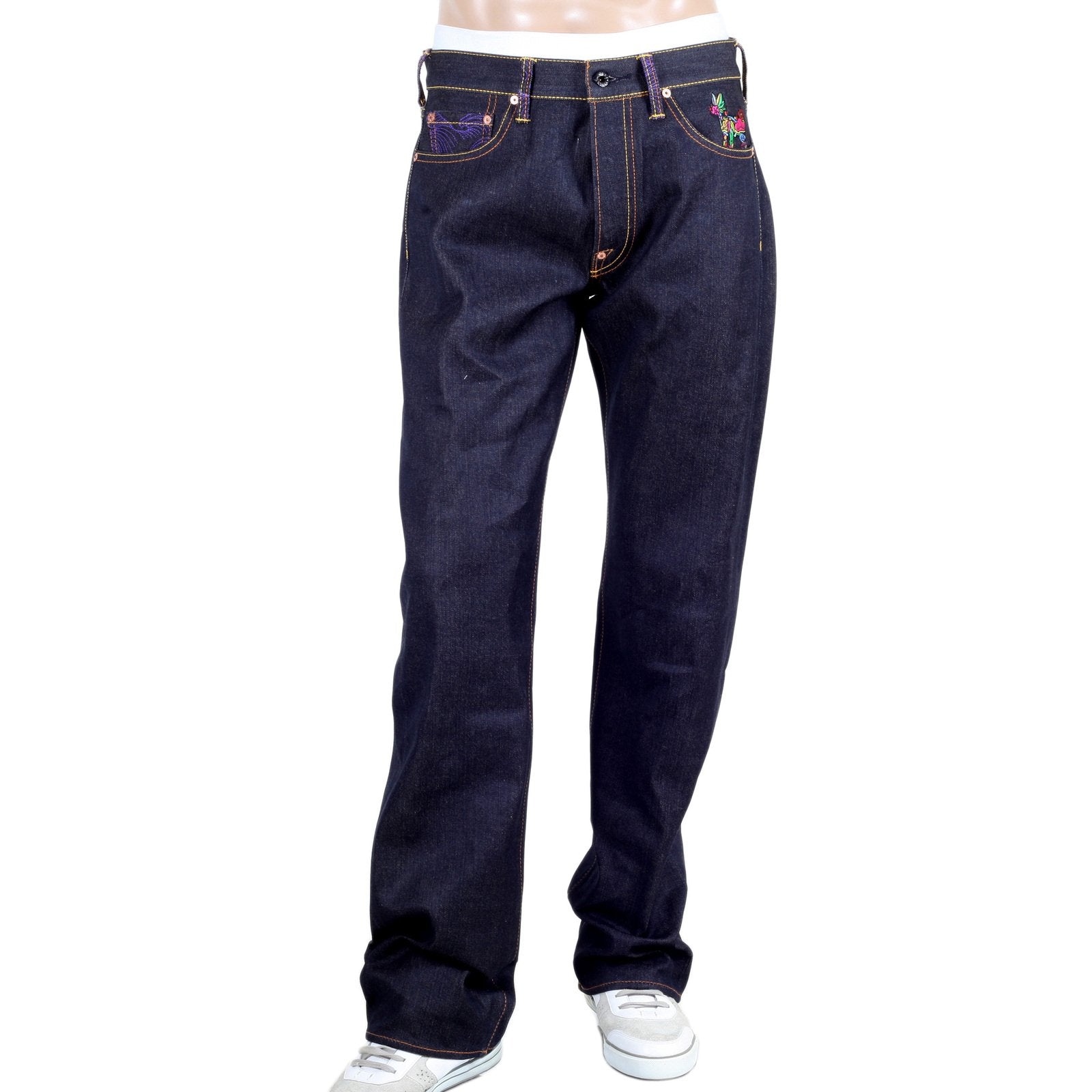 RMC JEANS DARK INDIGO GENUINE EXCLUSIVE HORSE AND SWORD EMBROIDERED VINTAGE RAW SELVEDGE JEANS REDM9070