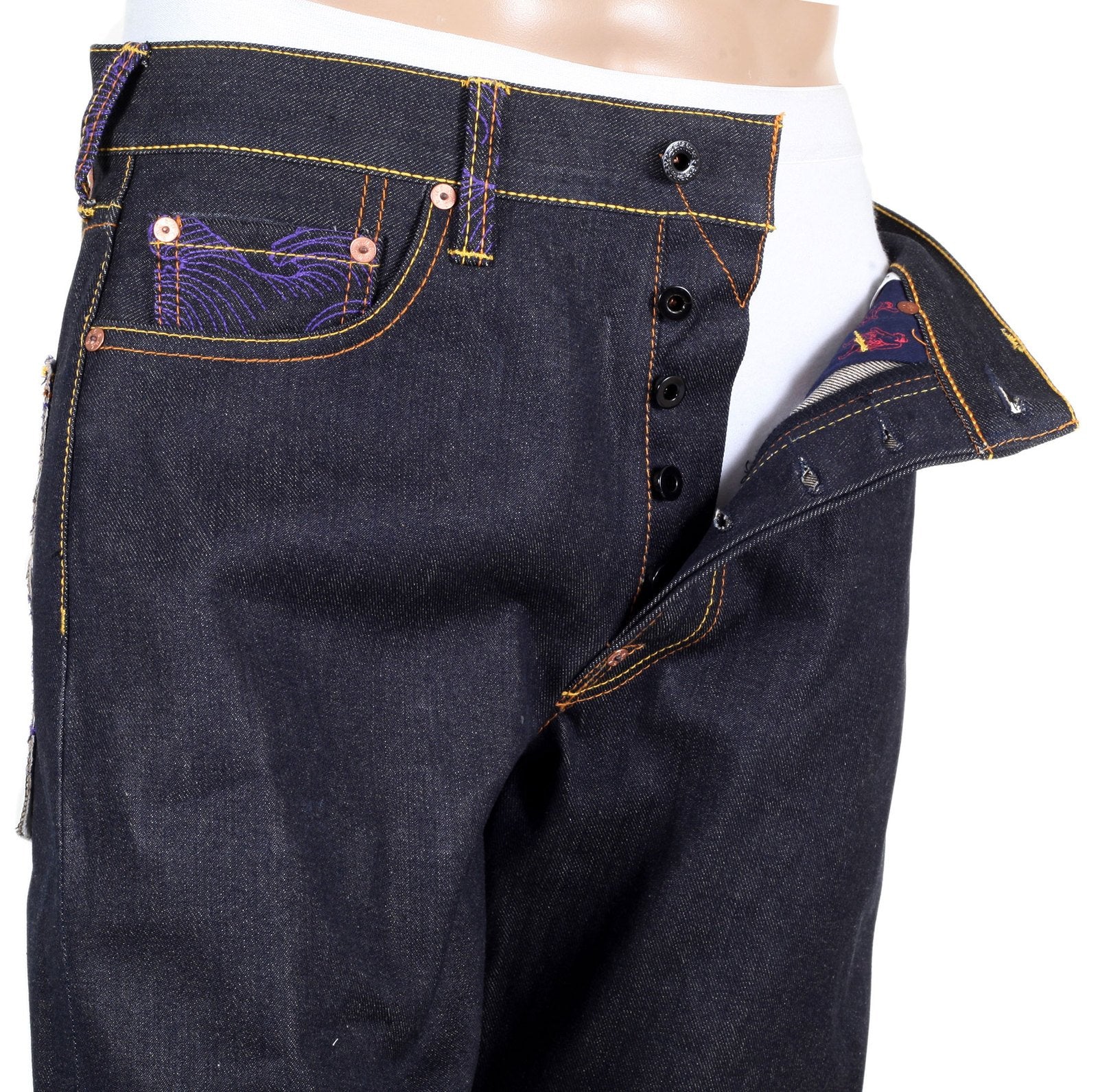 RMC JEANS DARK INDIGO GENUINE EXCLUSIVE HORSE AND SWORD EMBROIDERED VINTAGE RAW SELVEDGE JEANS REDM9070