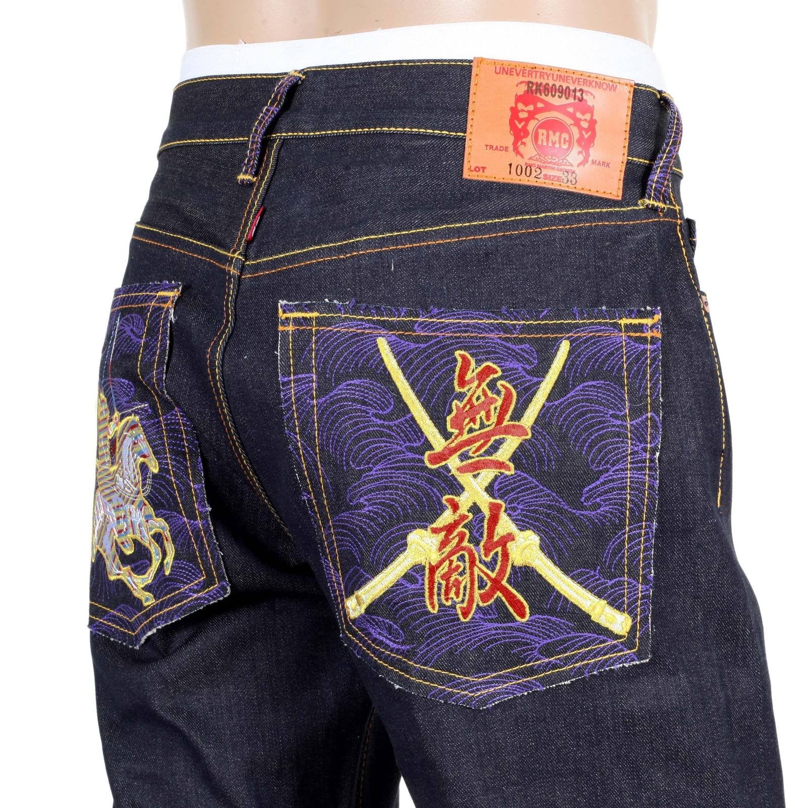 RMC JEANS DARK INDIGO GENUINE EXCLUSIVE HORSE AND SWORD EMBROIDERED VINTAGE RAW SELVEDGE JEANS REDM9070