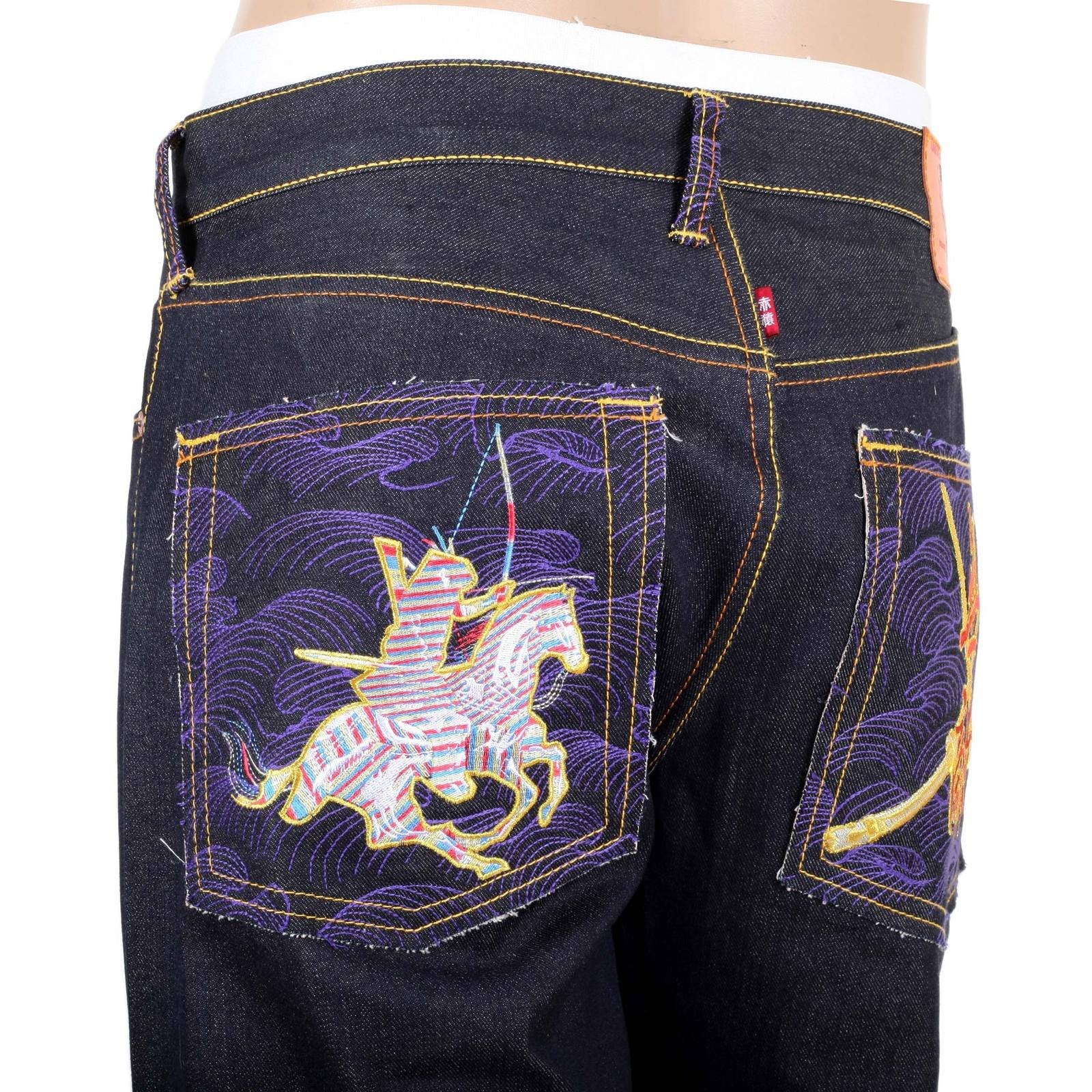 RMC JEANS DARK INDIGO GENUINE EXCLUSIVE HORSE AND SWORD EMBROIDERED VINTAGE RAW SELVEDGE JEANS REDM9070
