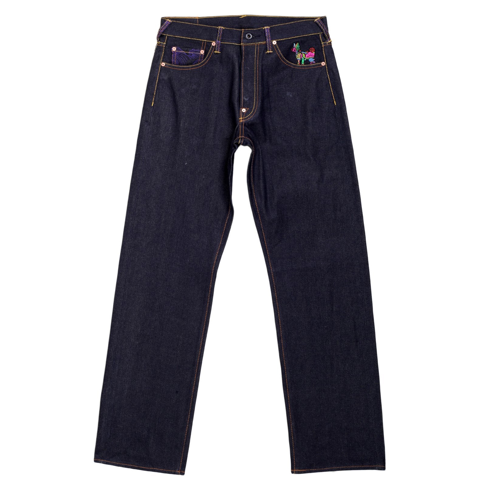 RMC JEANS DARK INDIGO GENUINE EXCLUSIVE HORSE AND SWORD EMBROIDERED VINTAGE RAW SELVEDGE JEANS REDM9070