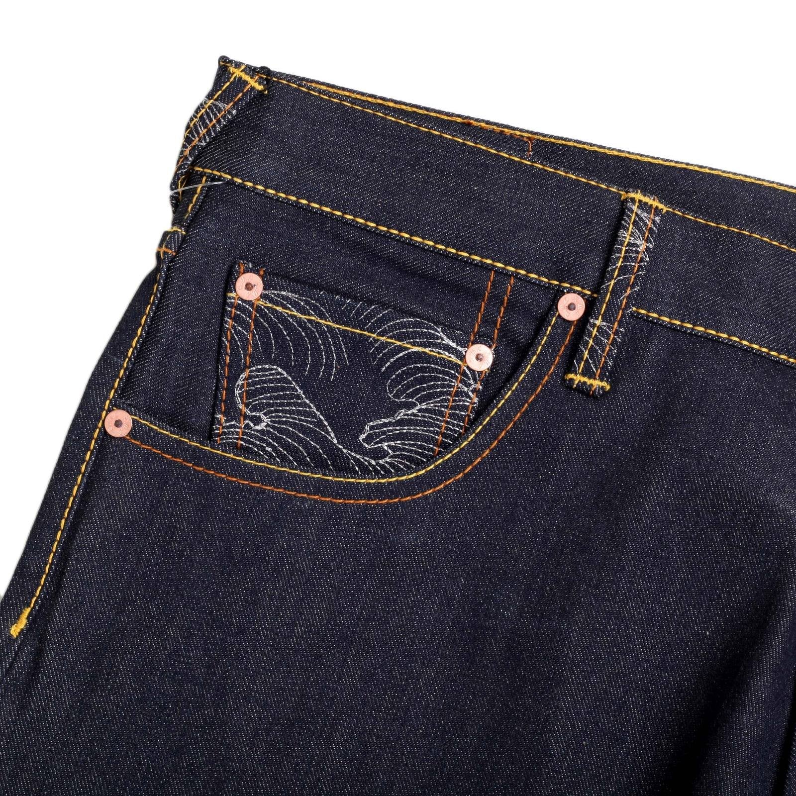 RMC JEANS ZERO HALLIBURTON DARK INDIGO GENUINE EXCLUSIVE EMBROIDERED VINTAGE RAW SELVEDGE JEANS REDM9073