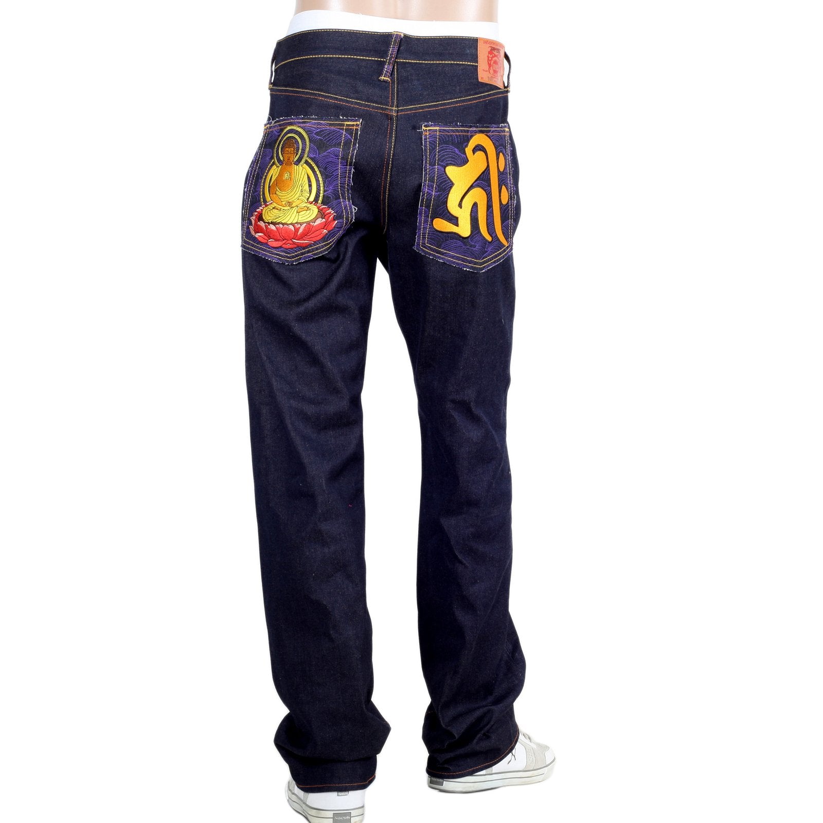 RMC JEANS DARK INDIGO GENUINE AMIDA NYORAI YEAR OF THE PIG EMBROIDERED VINTAGE RAW SELVEDGE JEANS REDM9074