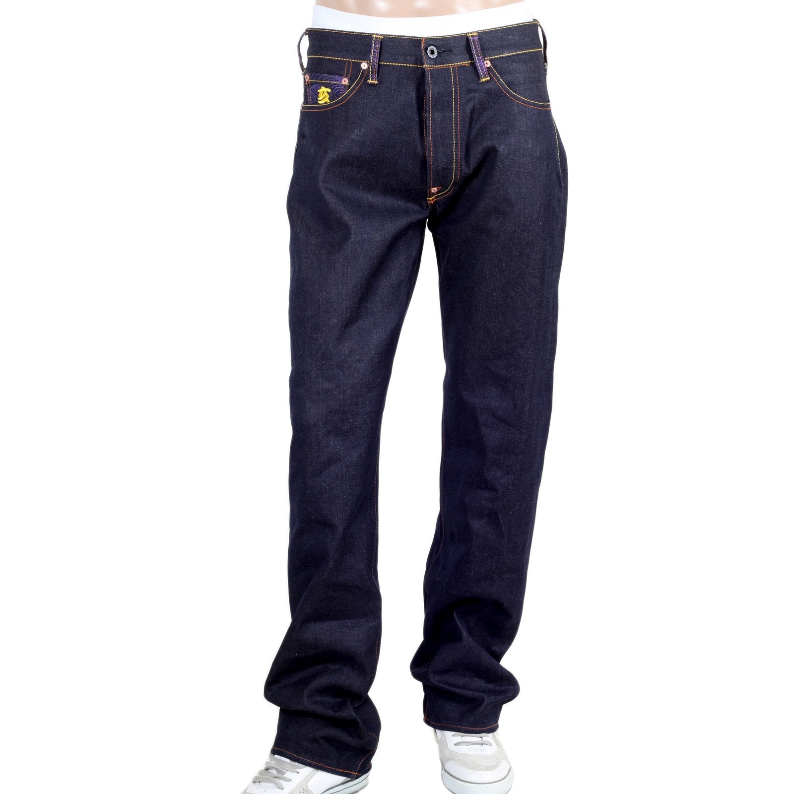 RMC JEANS DARK INDIGO GENUINE AMIDA NYORAI YEAR OF THE PIG EMBROIDERED VINTAGE RAW SELVEDGE JEANS REDM9074