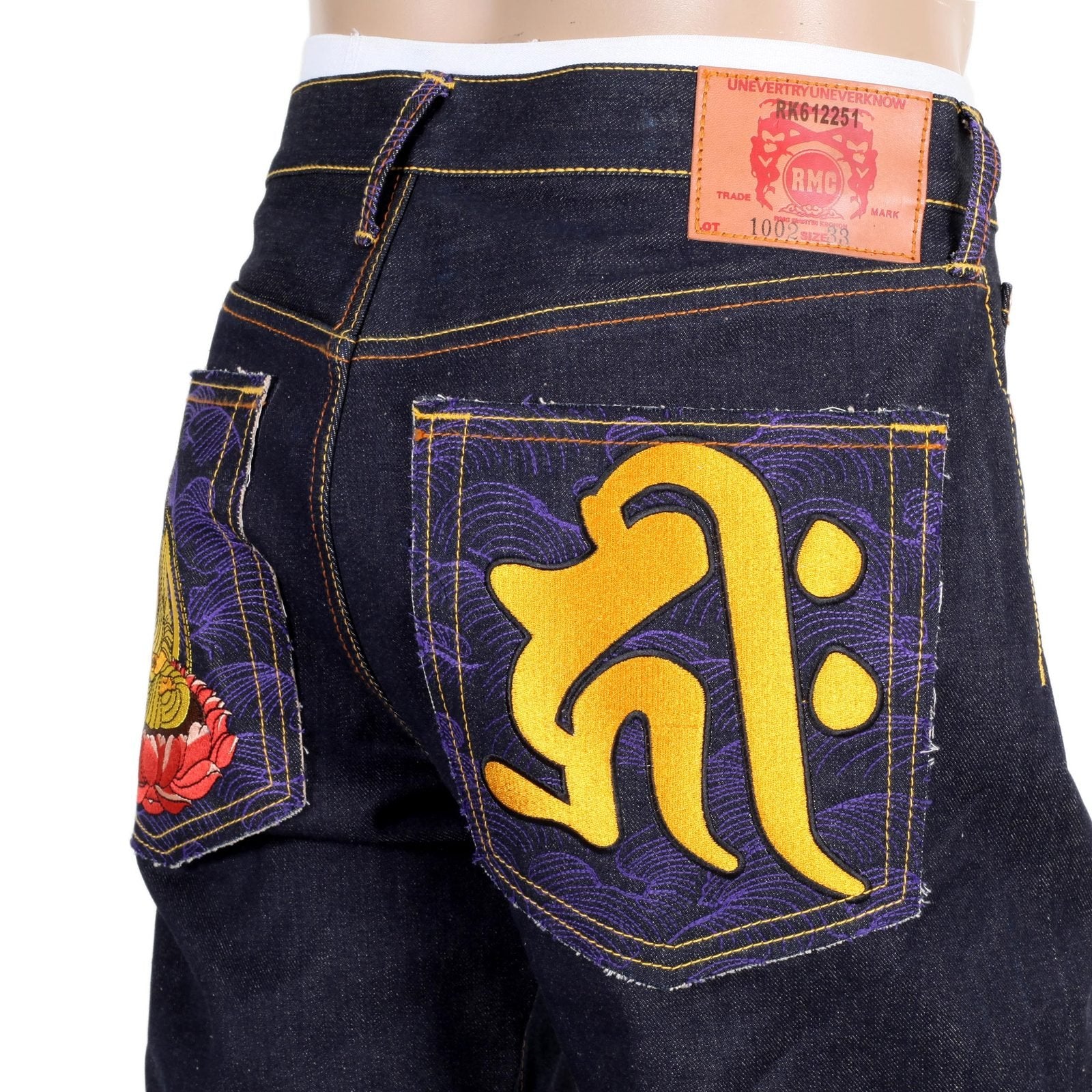 RMC JEANS DARK INDIGO GENUINE AMIDA NYORAI YEAR OF THE PIG EMBROIDERED VINTAGE RAW SELVEDGE JEANS REDM9074
