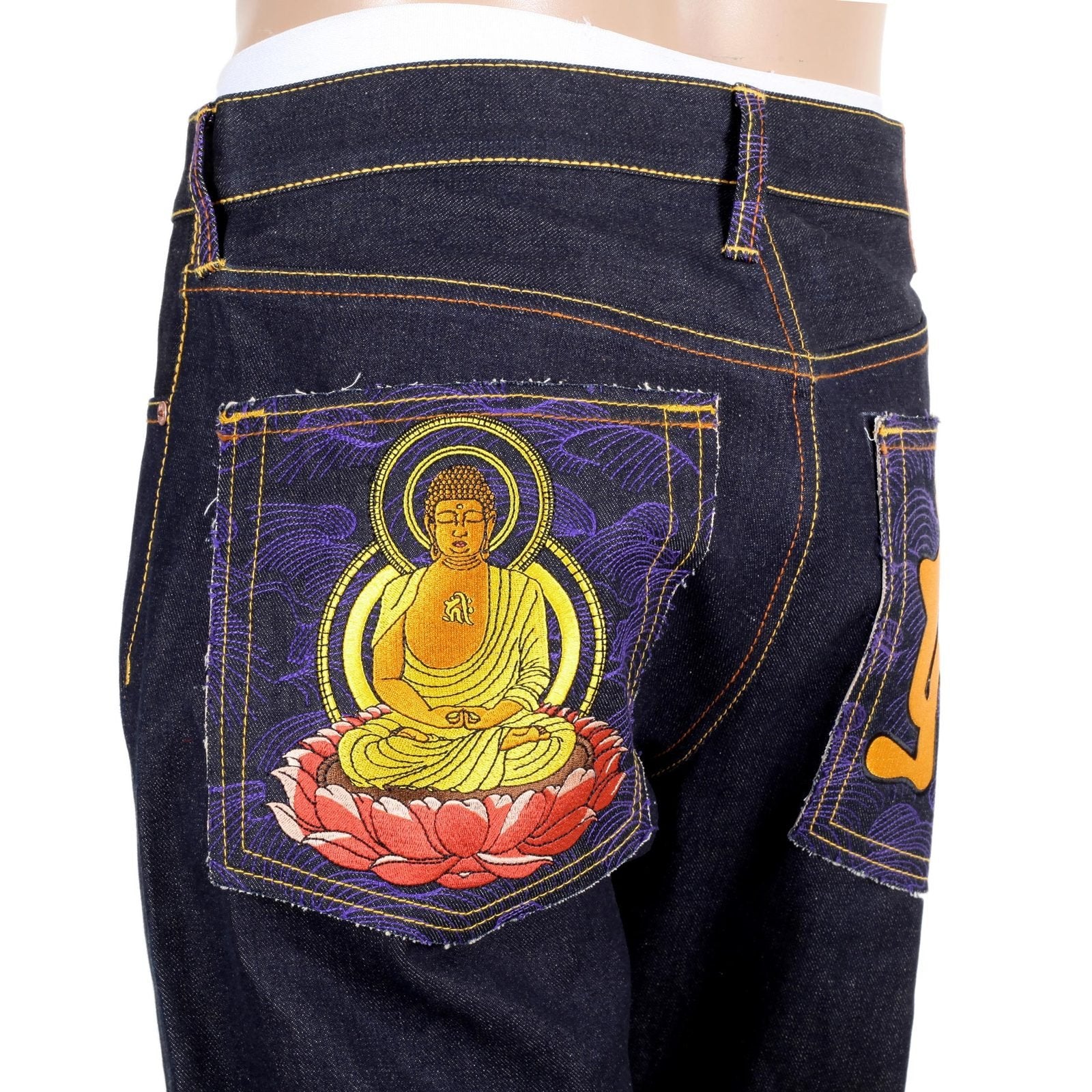 RMC JEANS DARK INDIGO GENUINE AMIDA NYORAI YEAR OF THE PIG EMBROIDERED VINTAGE RAW SELVEDGE JEANS REDM9074