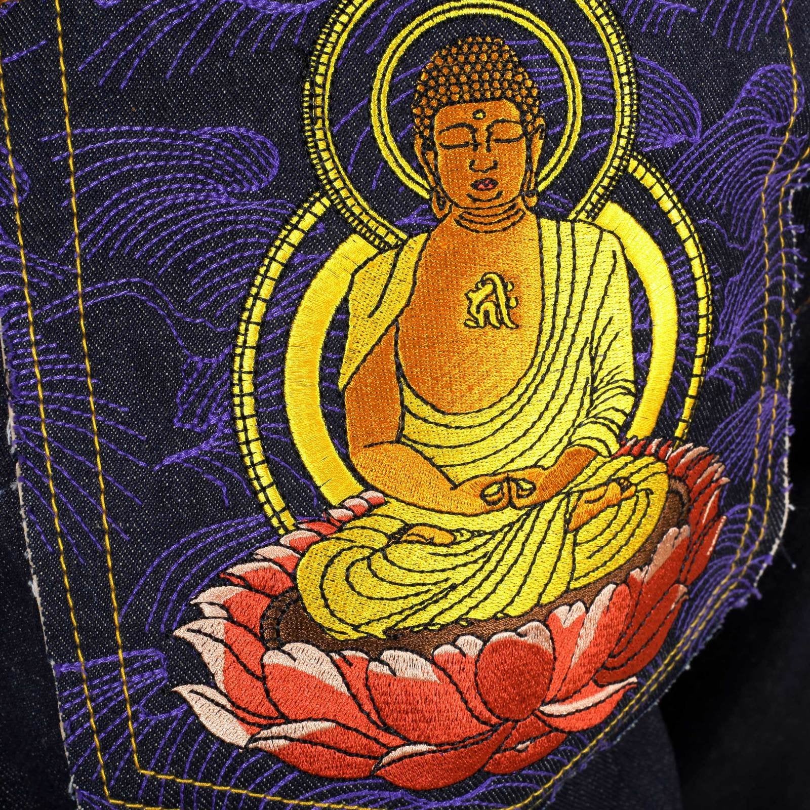 RMC JEANS DARK INDIGO GENUINE AMIDA NYORAI YEAR OF THE PIG EMBROIDERED VINTAGE RAW SELVEDGE JEANS REDM9074