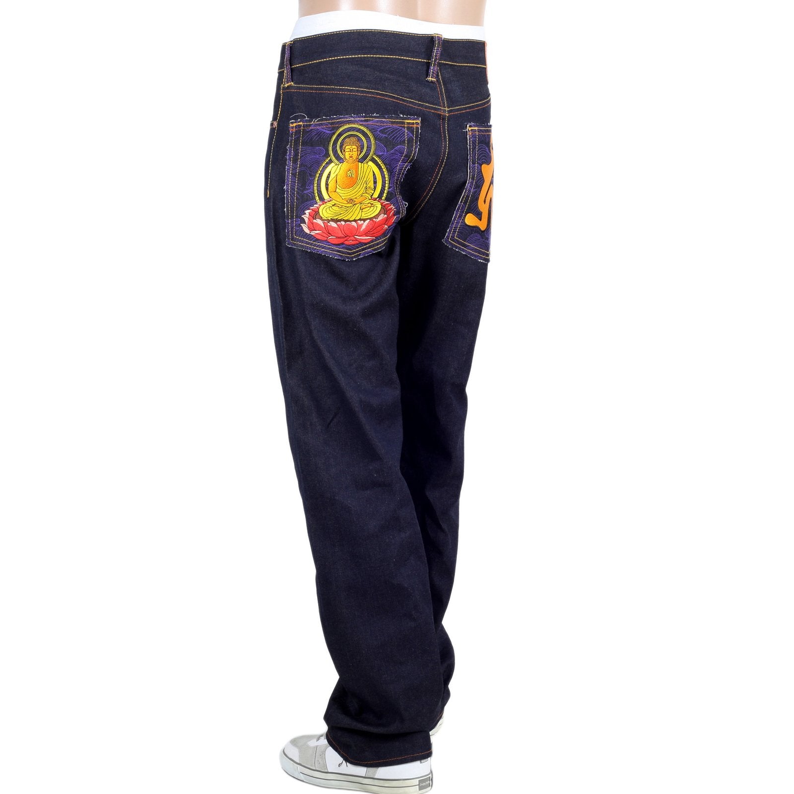 RMC JEANS DARK INDIGO GENUINE AMIDA NYORAI YEAR OF THE PIG EMBROIDERED VINTAGE RAW SELVEDGE JEANS REDM9074