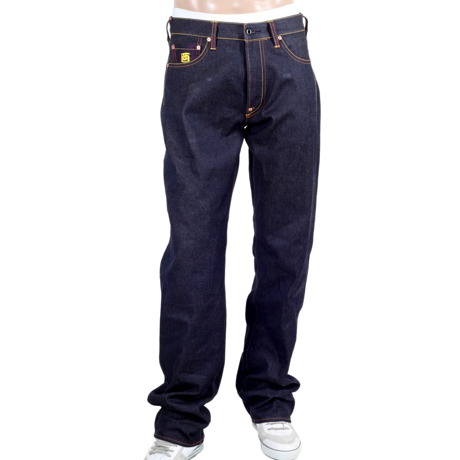 RMC JEANS DARK INDIGO GENUINE FUDOUMYOUOU YEAR OF THE ROOSTER EMBROIDERED VINTAGE RAW SELVEDGE JEANS REDM9075