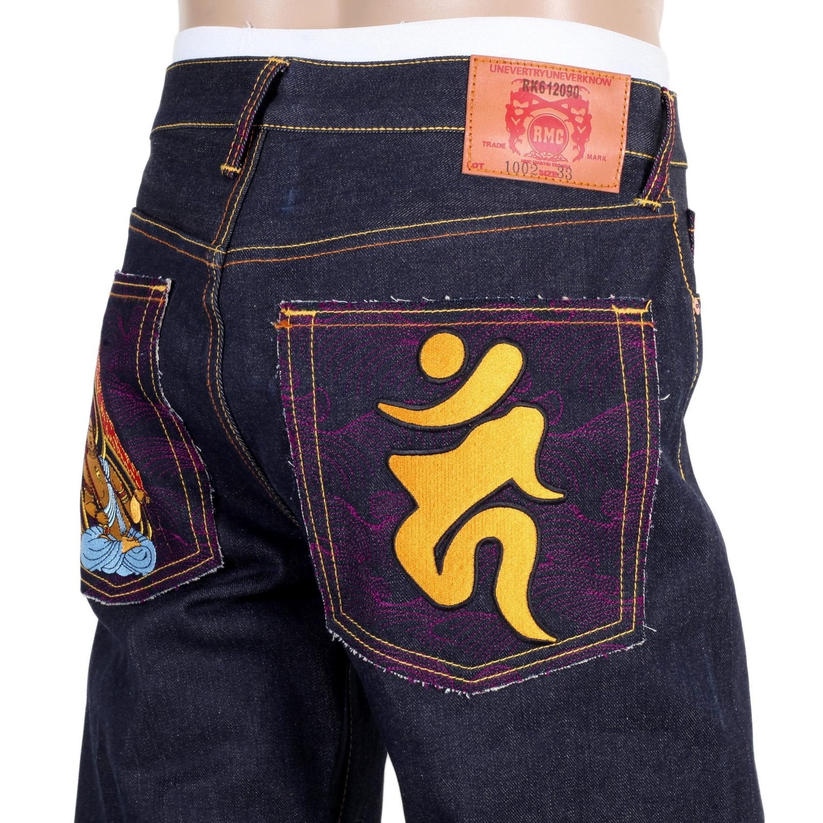 RMC JEANS DARK INDIGO GENUINE FUDOUMYOUOU YEAR OF THE ROOSTER EMBROIDERED VINTAGE RAW SELVEDGE JEANS REDM9075