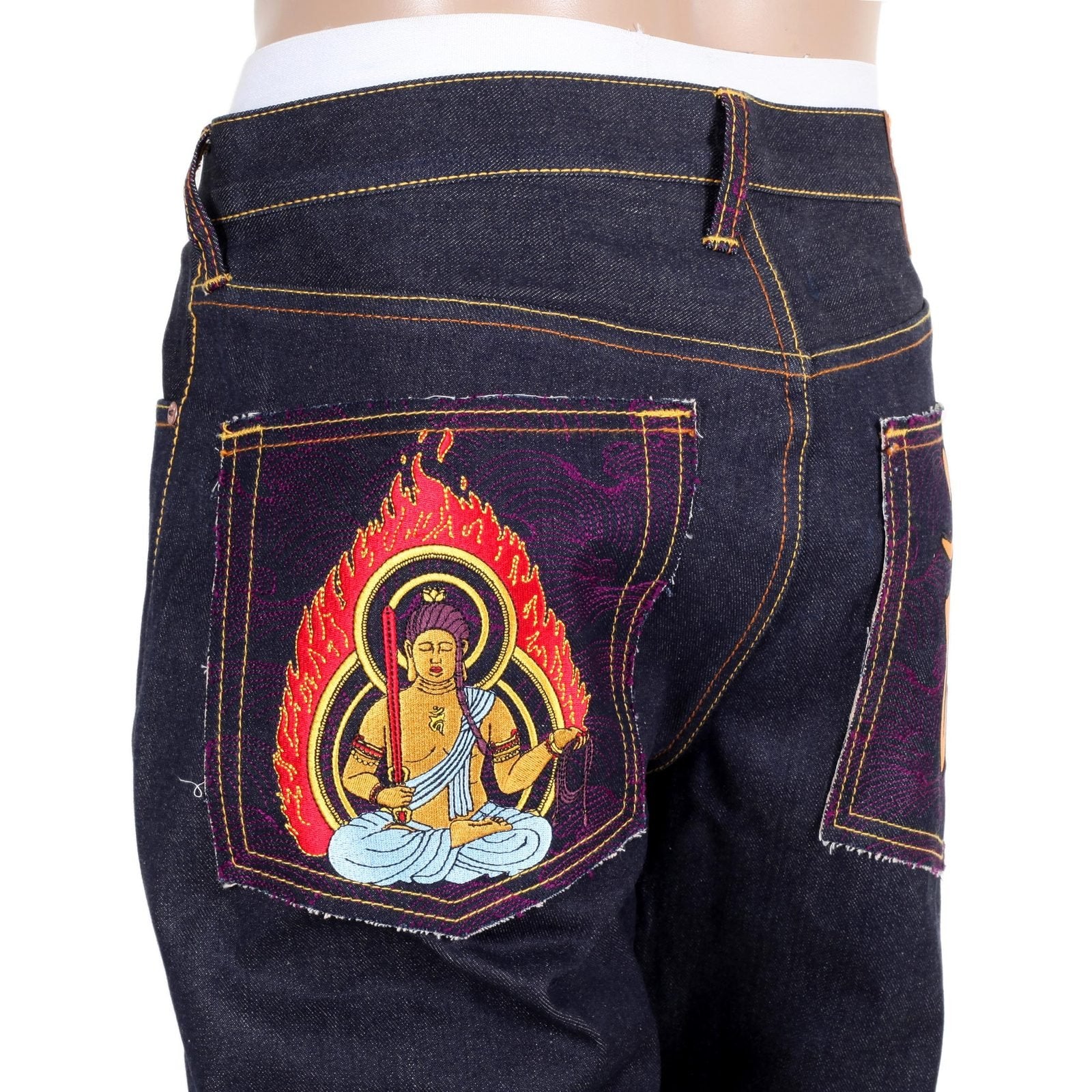 RMC JEANS DARK INDIGO GENUINE FUDOUMYOUOU YEAR OF THE ROOSTER EMBROIDERED VINTAGE RAW SELVEDGE JEANS REDM9075