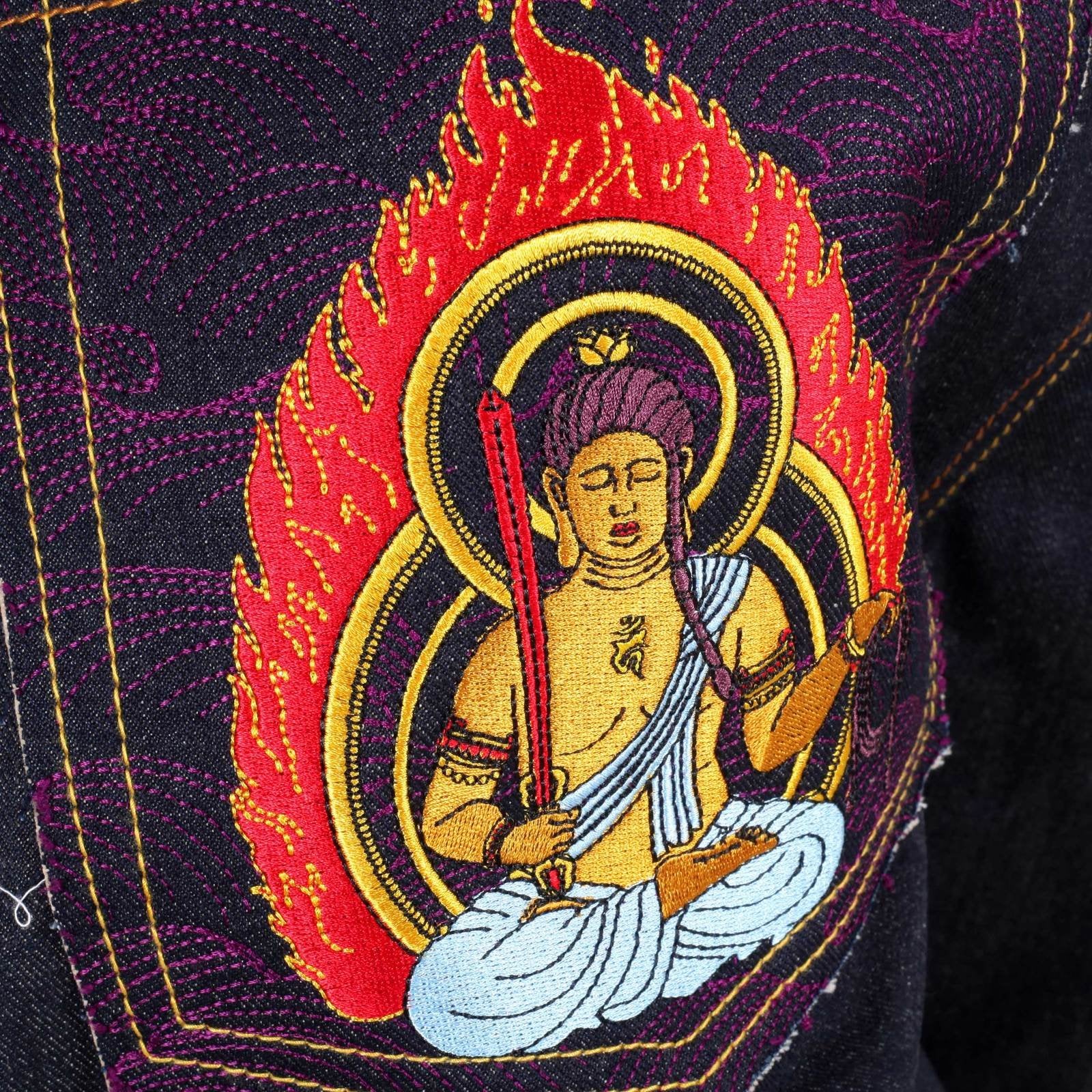 RMC JEANS DARK INDIGO GENUINE FUDOUMYOUOU YEAR OF THE ROOSTER EMBROIDERED VINTAGE RAW SELVEDGE JEANS REDM9075