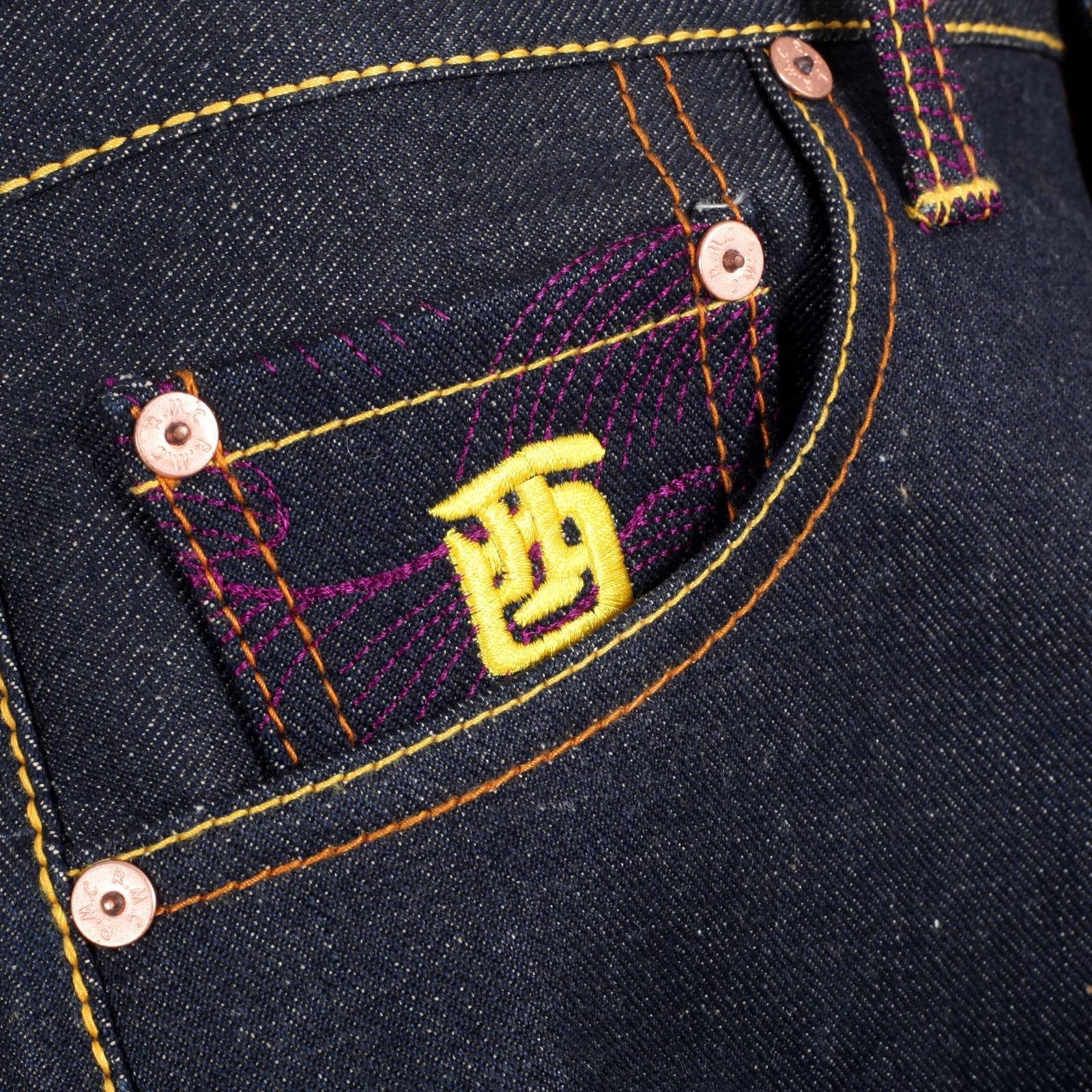 RMC JEANS DARK INDIGO GENUINE FUDOUMYOUOU YEAR OF THE ROOSTER EMBROIDERED VINTAGE RAW SELVEDGE JEANS REDM9075