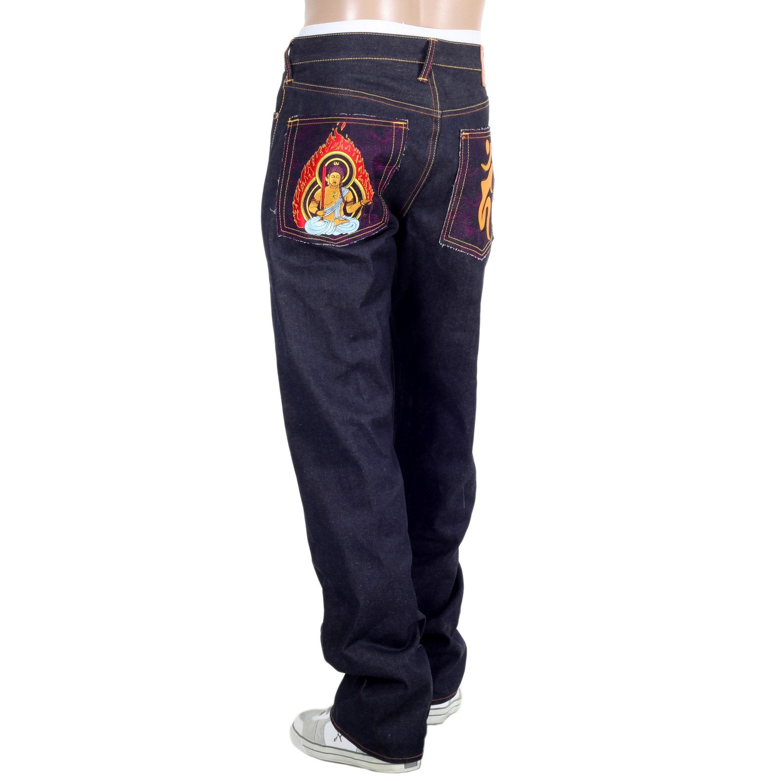 RMC JEANS DARK INDIGO GENUINE FUDOUMYOUOU YEAR OF THE ROOSTER EMBROIDERED VINTAGE RAW SELVEDGE JEANS REDM9075