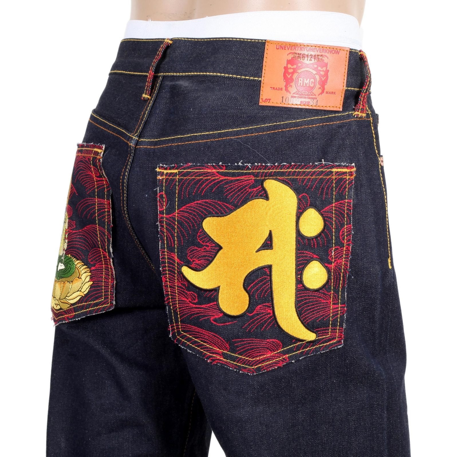 RMC JEANS DARK INDIGO GENUINE SEISI BOSATU YEAR OF THE HORSE EMBROIDERED VINTAGE RAW SELVEDGE JEANS REDM9076