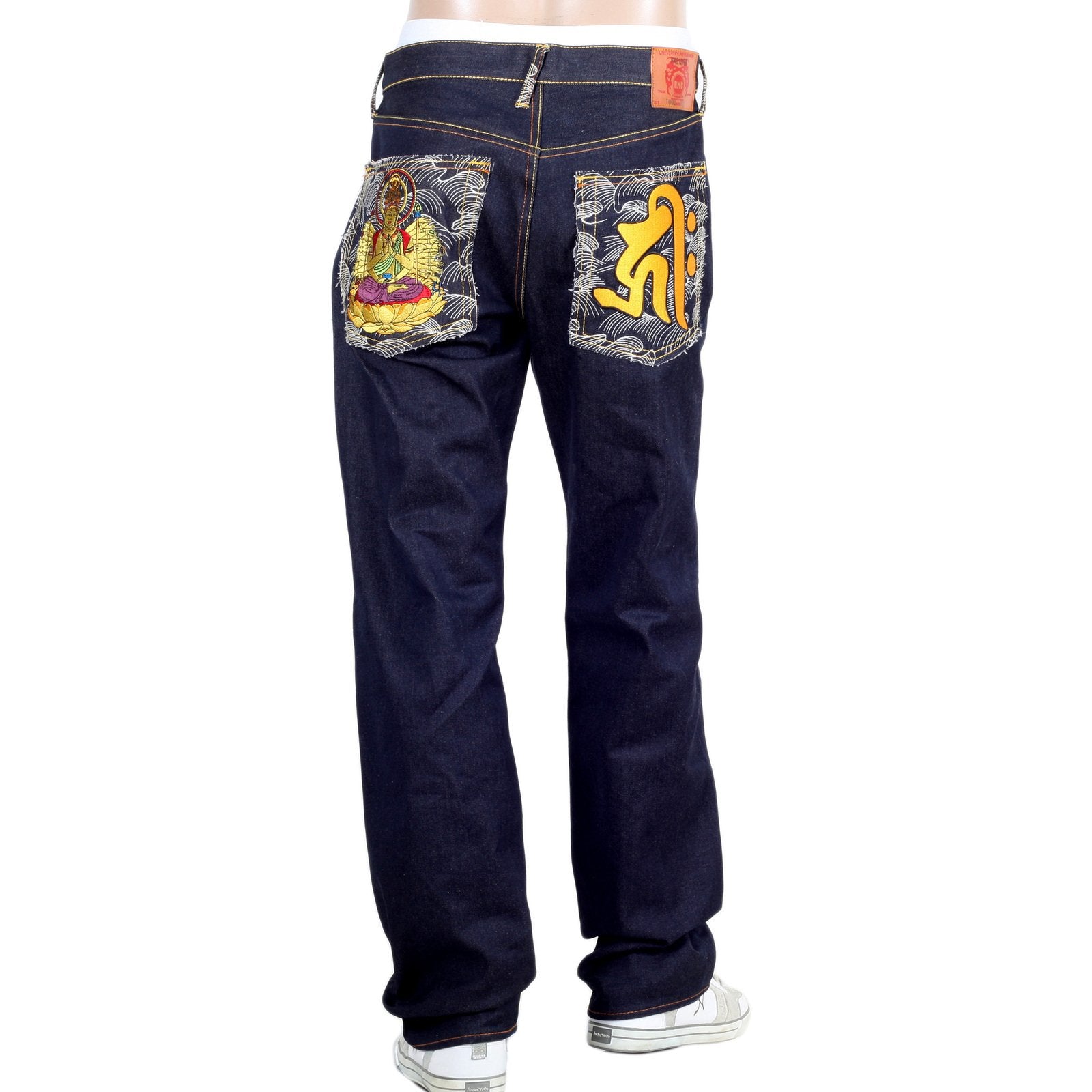 RMC DARK INDIGO GENUINE SENJI KANNON BOSATU YEAR OF THE RAT EMBROIDERED VINTAGE RAW SELVEDGE JEANS REDM9077