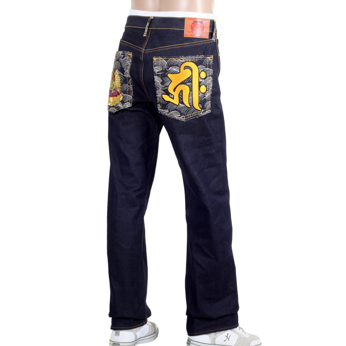 RMC DARK INDIGO GENUINE SENJI KANNON BOSATU YEAR OF THE RAT EMBROIDERED VINTAGE RAW SELVEDGE JEANS REDM9077