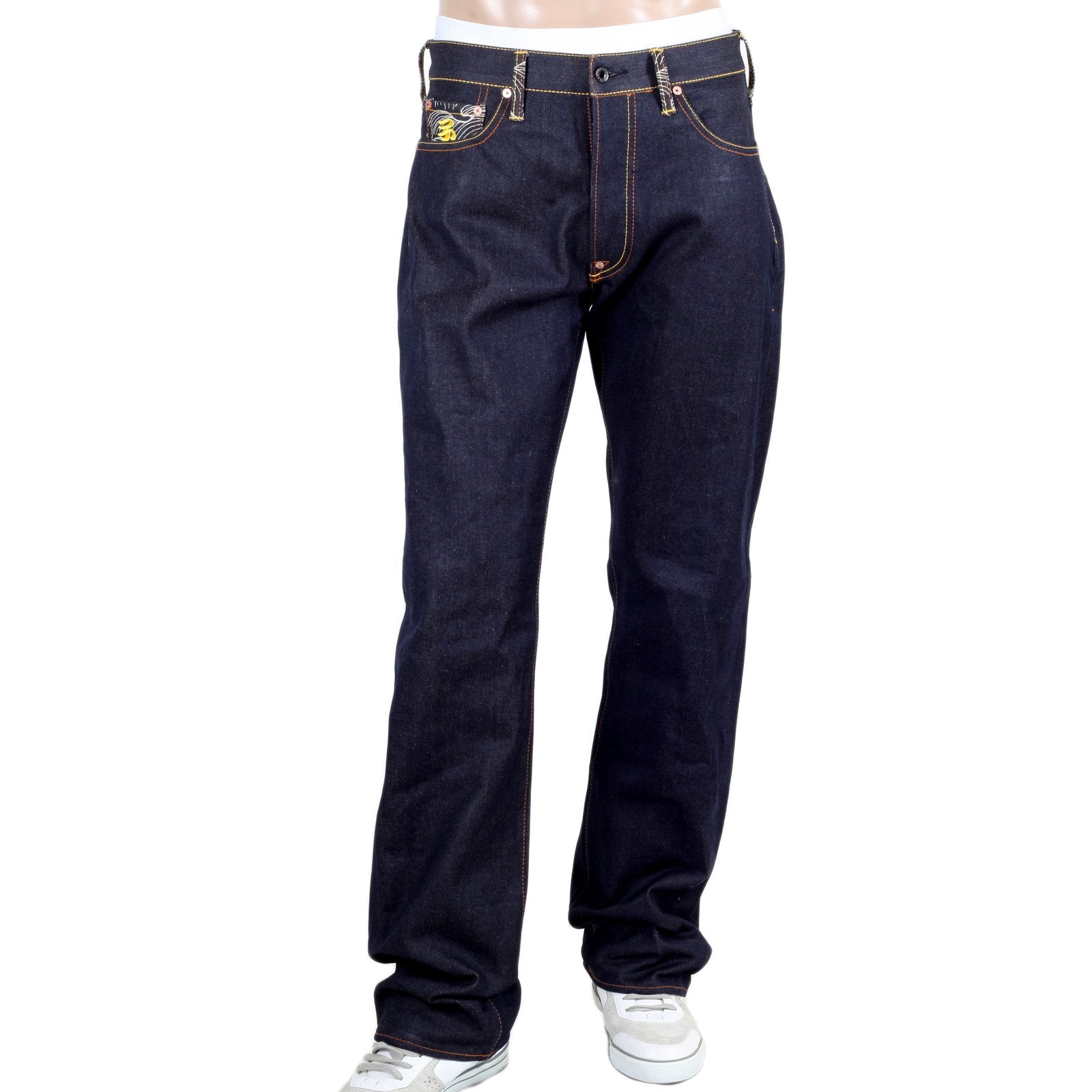 RMC DARK INDIGO GENUINE SENJI KANNON BOSATU YEAR OF THE RAT EMBROIDERED VINTAGE RAW SELVEDGE JEANS REDM9077