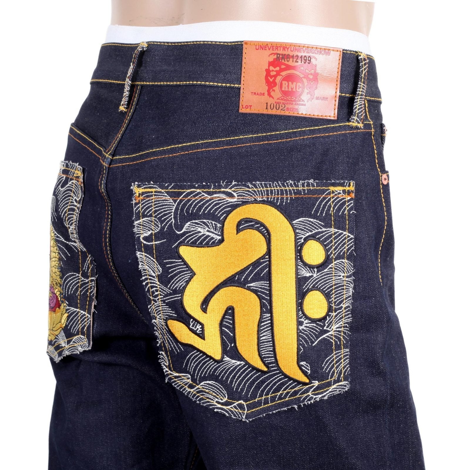 RMC DARK INDIGO GENUINE SENJI KANNON BOSATU YEAR OF THE RAT EMBROIDERED VINTAGE RAW SELVEDGE JEANS REDM9077