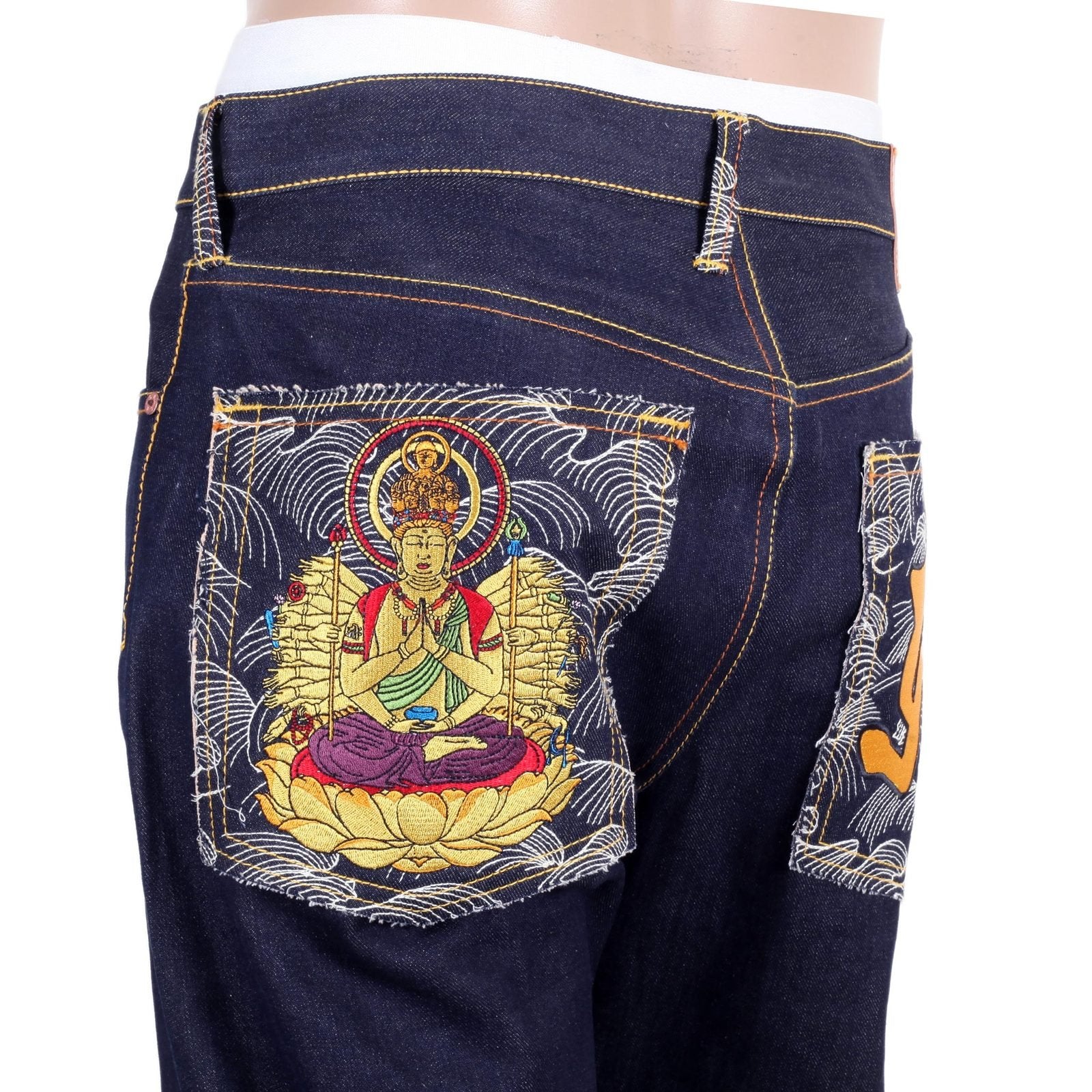 RMC DARK INDIGO GENUINE SENJI KANNON BOSATU YEAR OF THE RAT EMBROIDERED VINTAGE RAW SELVEDGE JEANS REDM9077