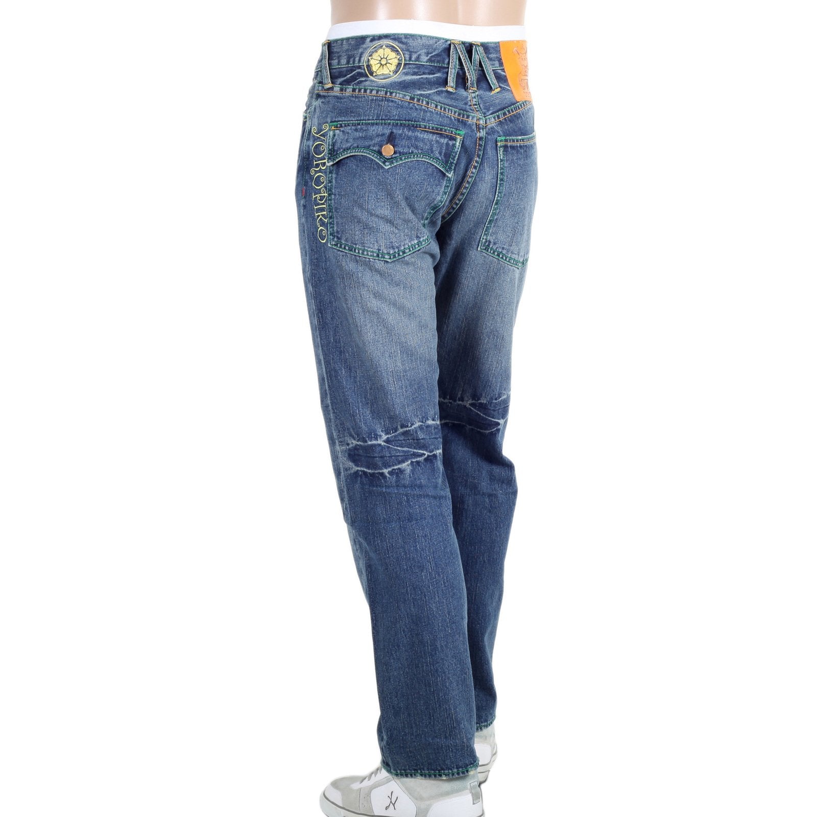 YOROPIKO BY MARTIN YAT MING STONE WASHED VINTAGE CUT FLAP POCKET SELVEDGE DENIM JEANS WITH DISTRESSED EDGES YORO9087