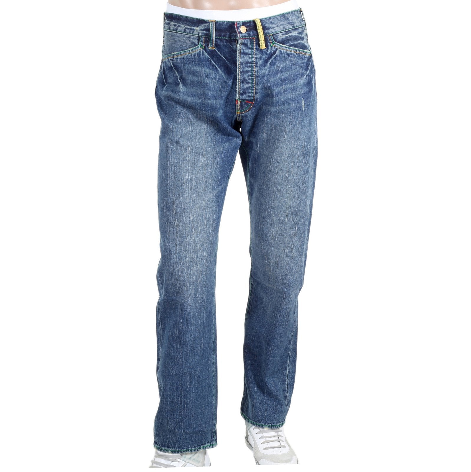 YOROPIKO BY MARTIN YAT MING STONE WASHED VINTAGE CUT FLAP POCKET SELVEDGE DENIM JEANS WITH DISTRESSED EDGES YORO9087