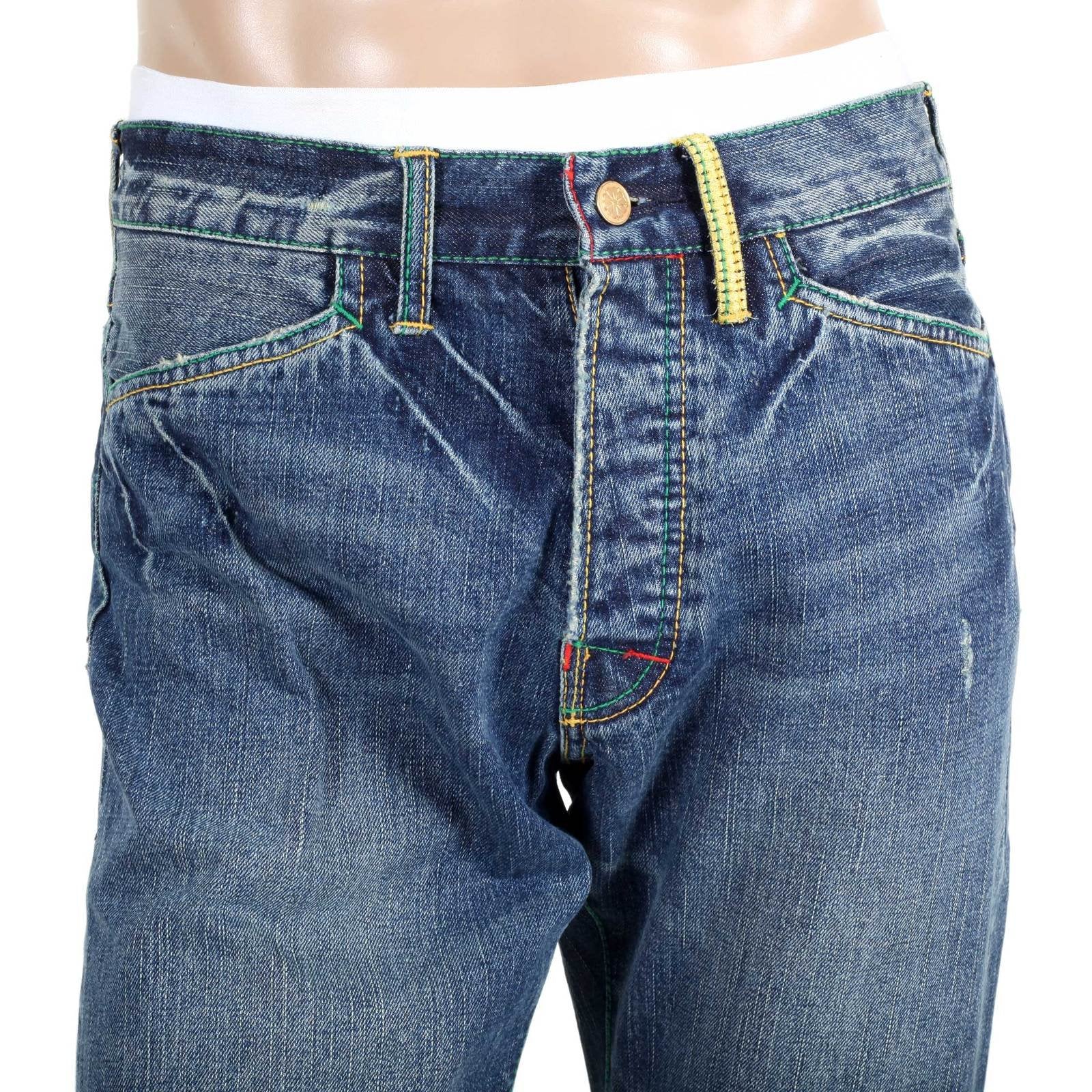 YOROPIKO BY MARTIN YAT MING STONE WASHED VINTAGE CUT FLAP POCKET SELVEDGE DENIM JEANS WITH DISTRESSED EDGES YORO9087