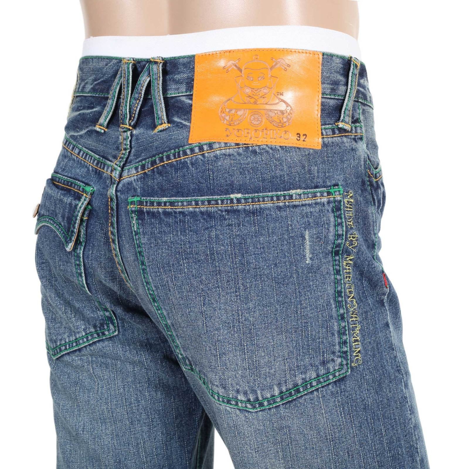 YOROPIKO BY MARTIN YAT MING STONE WASHED VINTAGE CUT FLAP POCKET SELVEDGE DENIM JEANS WITH DISTRESSED EDGES YORO9087