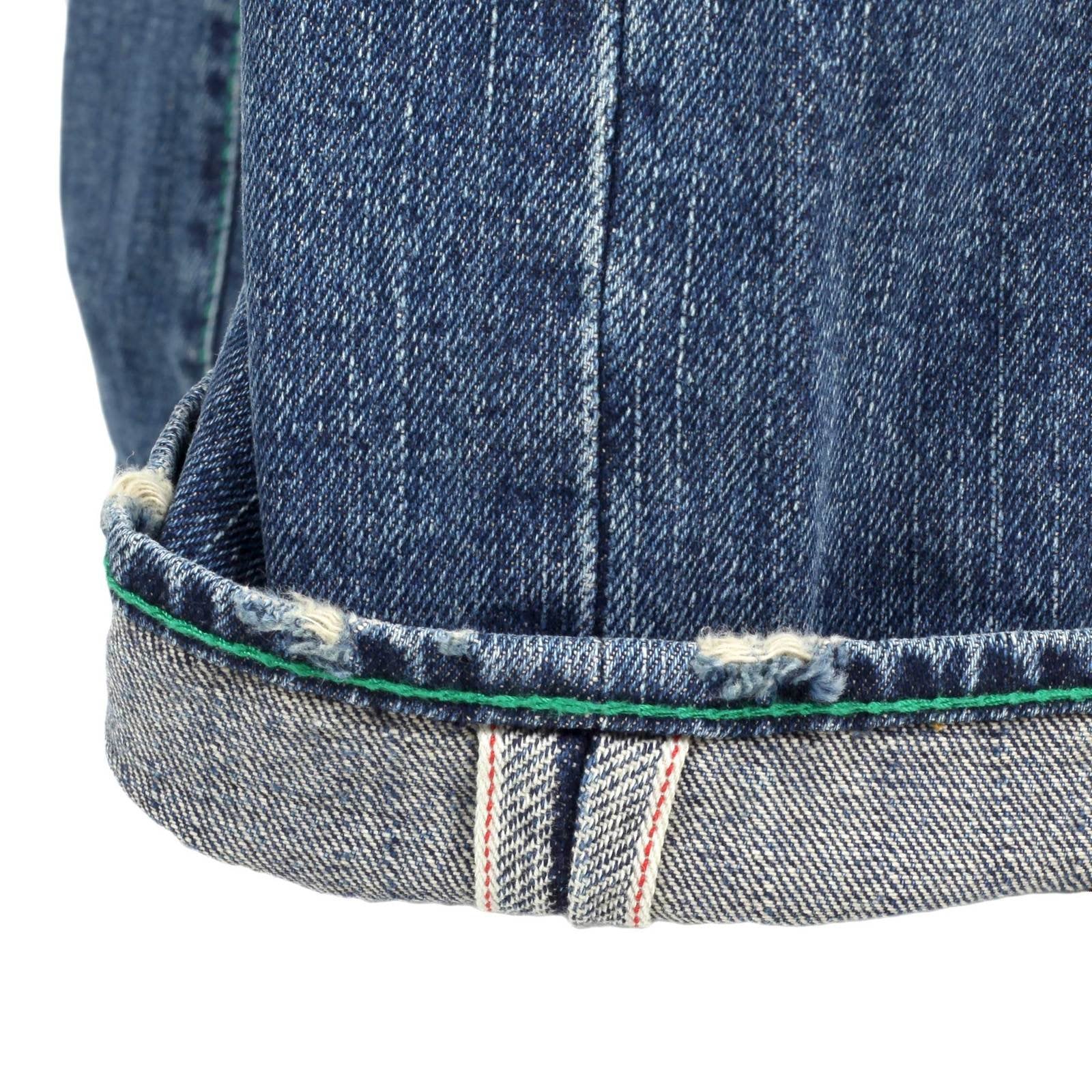 YOROPIKO BY MARTIN YAT MING STONE WASHED VINTAGE CUT FLAP POCKET SELVEDGE DENIM JEANS WITH DISTRESSED EDGES YORO9087