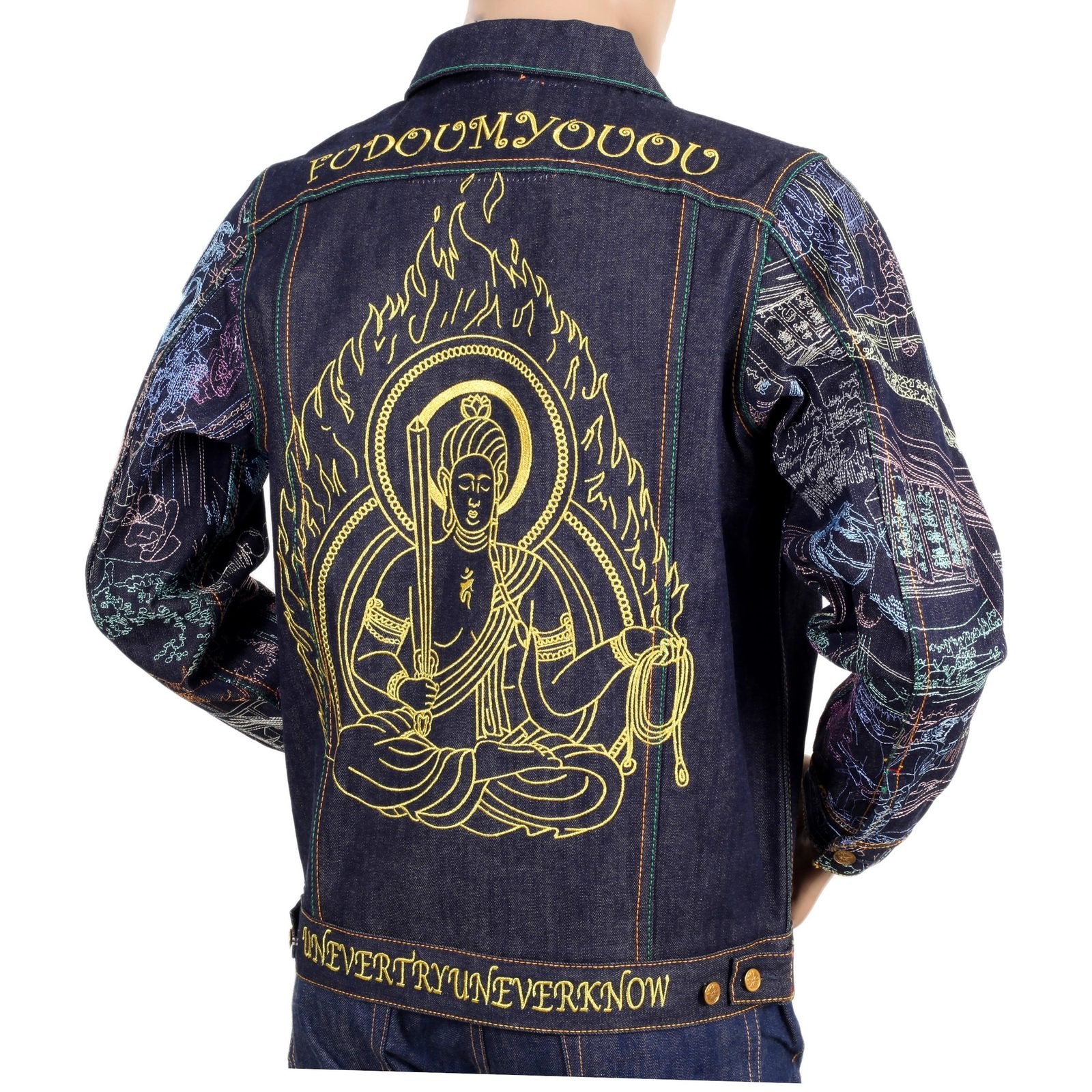 YOROPIKO FUDOUMYOUOU LIMITED EDITION EXCLUSIVE EMBROIDERED RAW SELVEDGE DENIM JACKET YORO9175