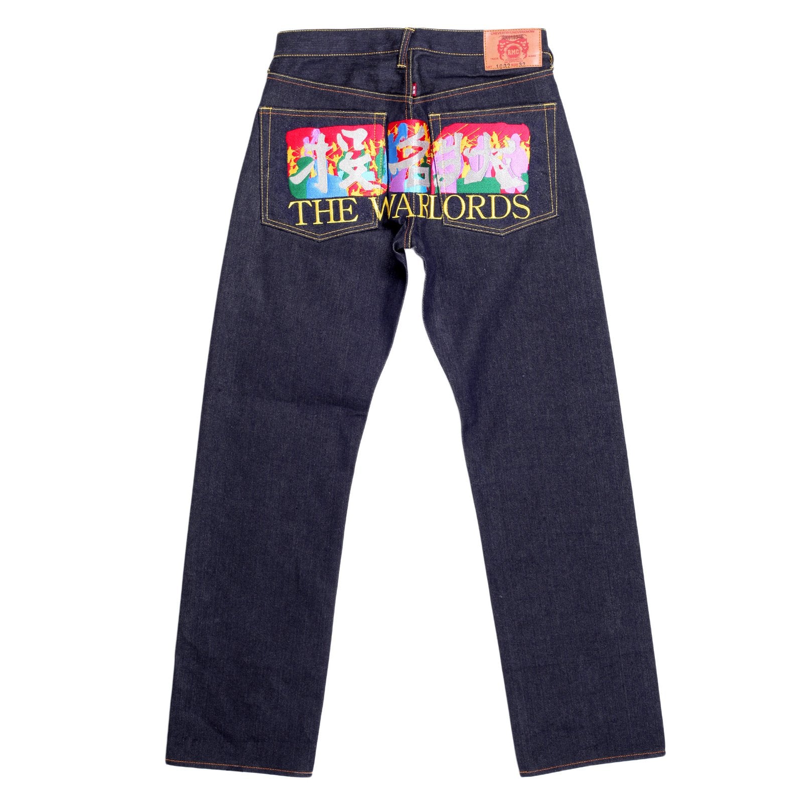 RMC JEANS RARE LIMITED EDITION RAW SELVEDGE DARK INDIGO DENIM JEANS WITH EXCLUSIVE WARLORDS EMBROIDERY REDM0055