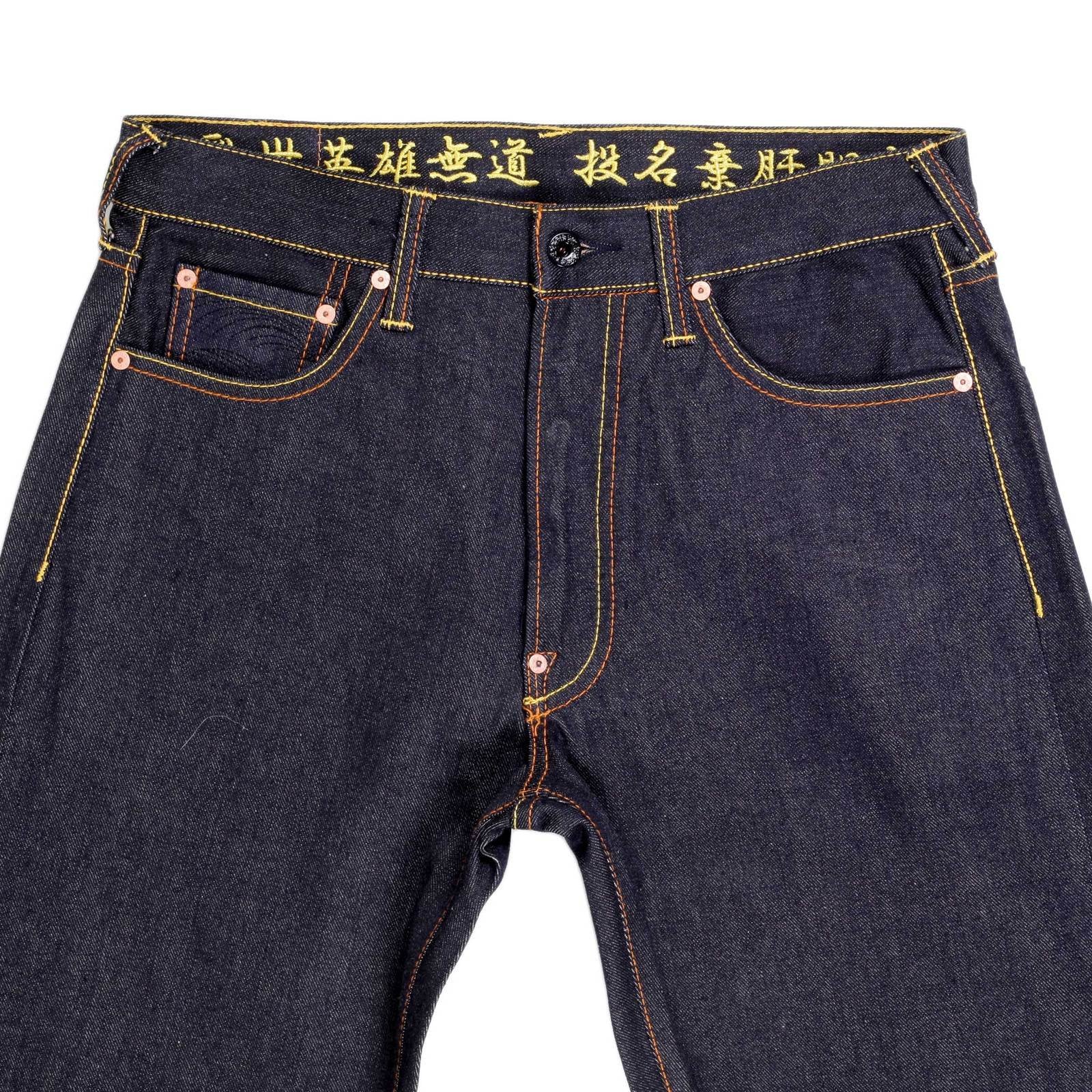 RMC JEANS RARE LIMITED EDITION RAW SELVEDGE DARK INDIGO DENIM JEANS WITH EXCLUSIVE WARLORDS EMBROIDERY REDM0055