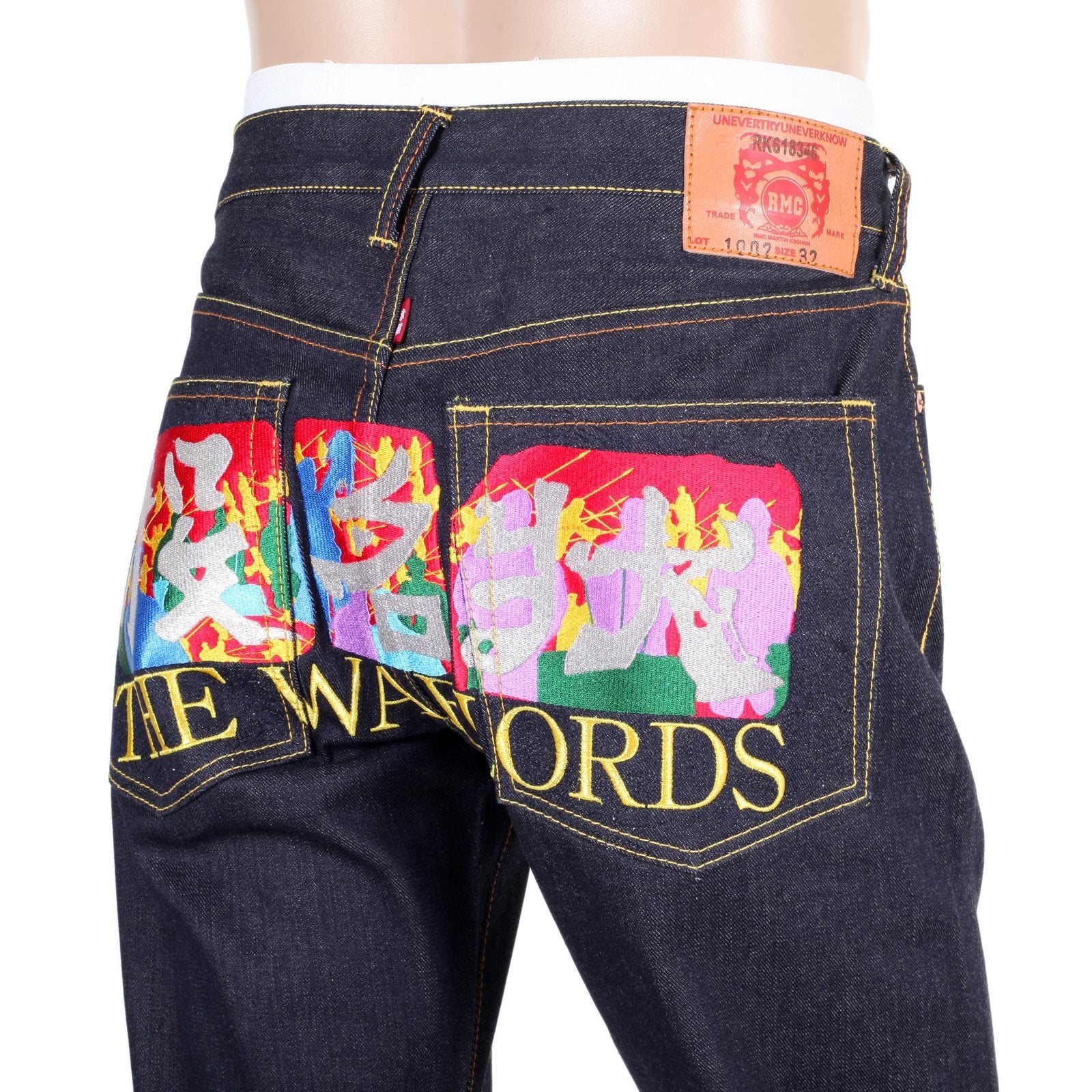 RMC JEANS RARE LIMITED EDITION RAW SELVEDGE DARK INDIGO DENIM JEANS WITH EXCLUSIVE WARLORDS EMBROIDERY REDM0055