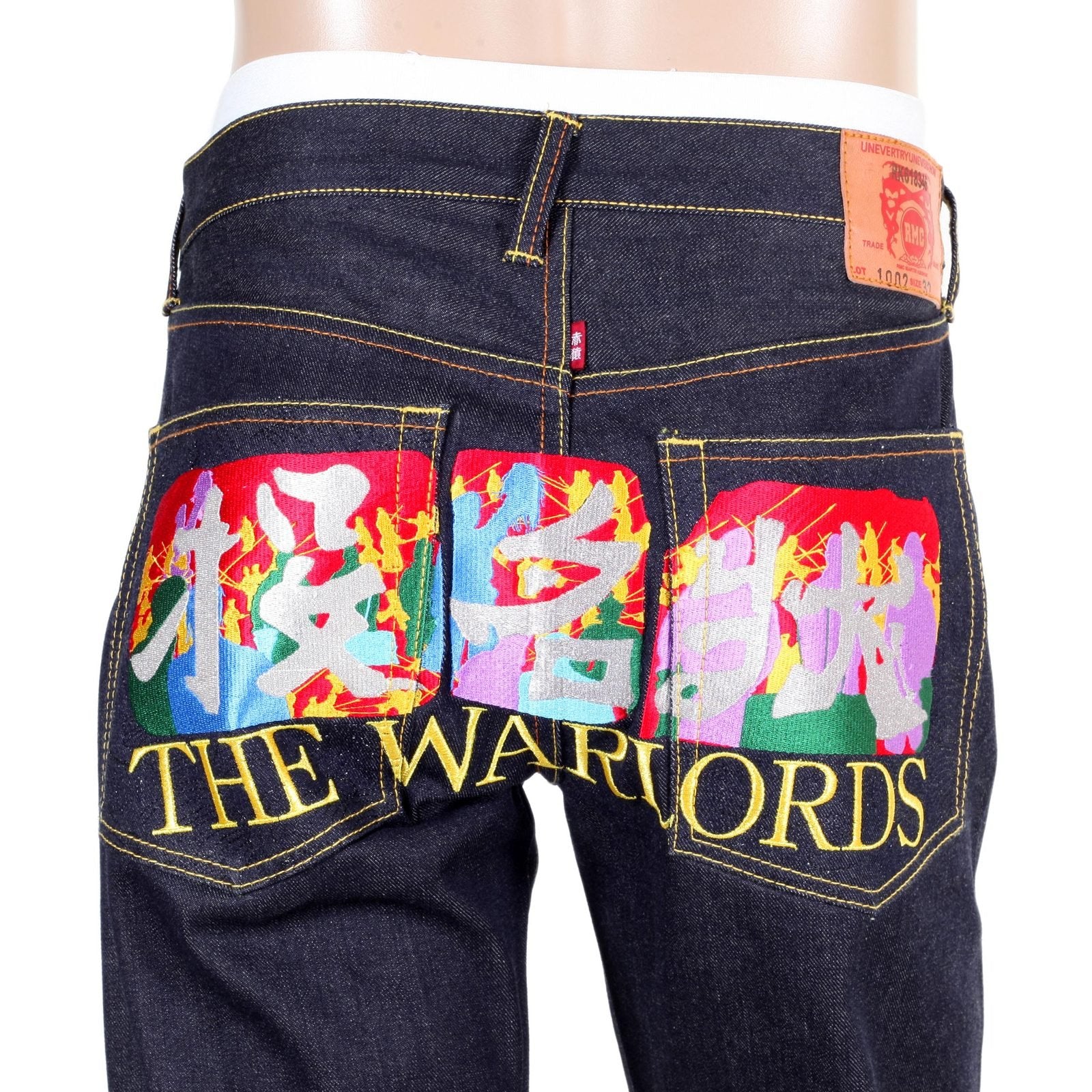 RMC JEANS RARE LIMITED EDITION RAW SELVEDGE DARK INDIGO DENIM JEANS WITH EXCLUSIVE WARLORDS EMBROIDERY REDM0055
