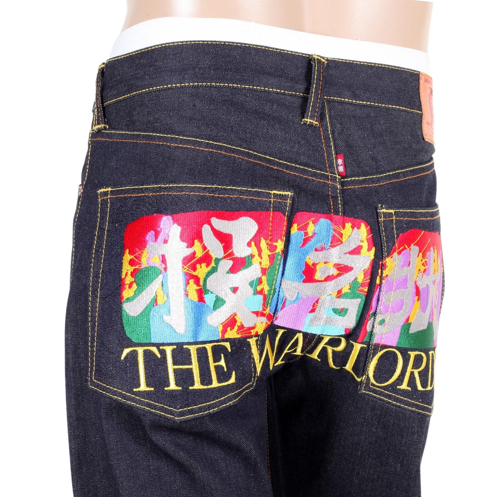 RMC JEANS RARE LIMITED EDITION RAW SELVEDGE DARK INDIGO DENIM JEANS WITH EXCLUSIVE WARLORDS EMBROIDERY REDM0055