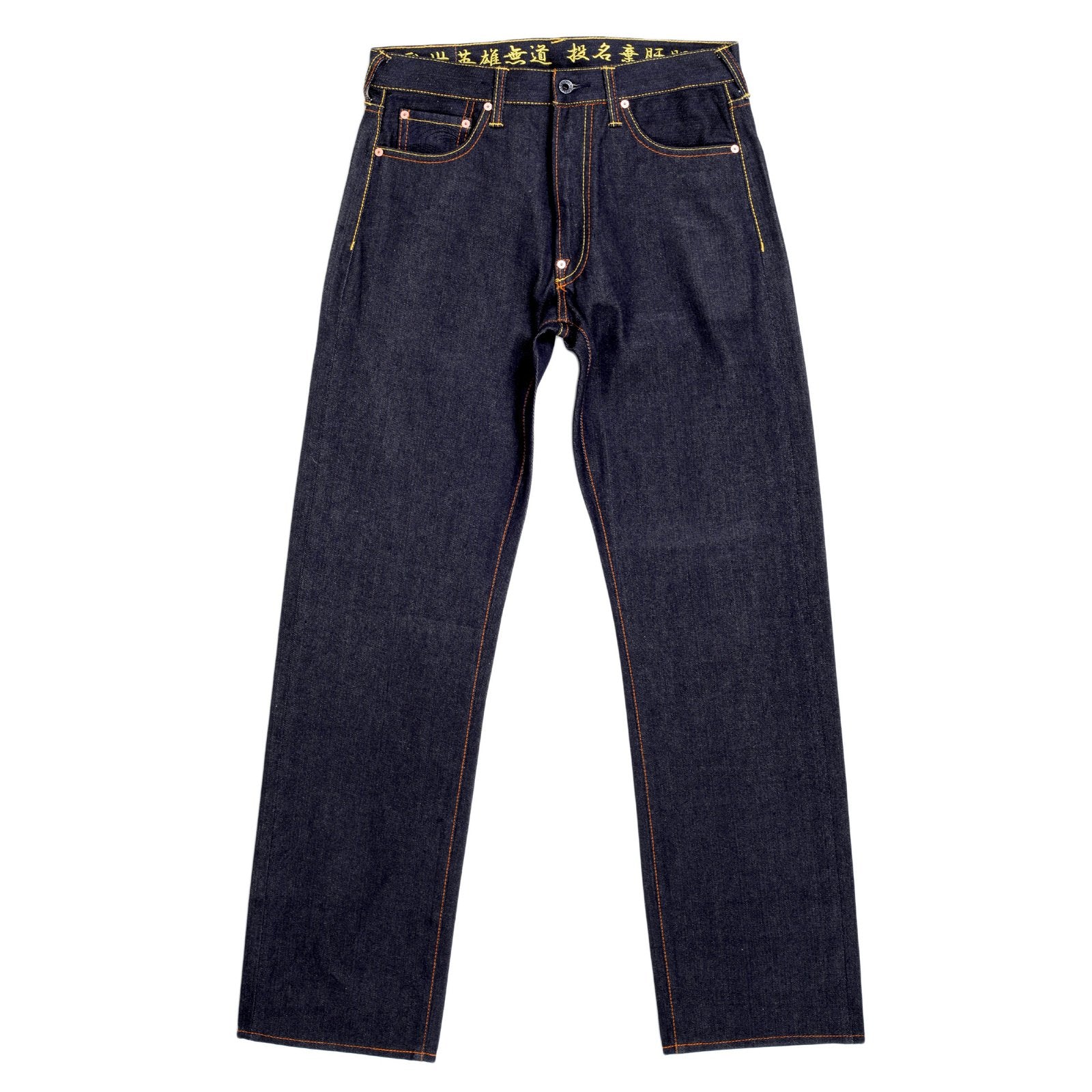 RMC JEANS RARE LIMITED EDITION RAW SELVEDGE DARK INDIGO DENIM JEANS WITH EXCLUSIVE WARLORDS EMBROIDERY REDM0055