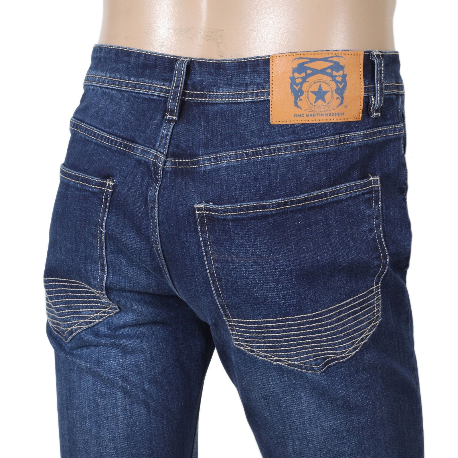 RED MONKEY RMC RPQ16135 STRETCH COTTON MIX SLIM FIT WASHED DARK BLUE DENIM JEANS WITH BUTTON FLY RMC7523
