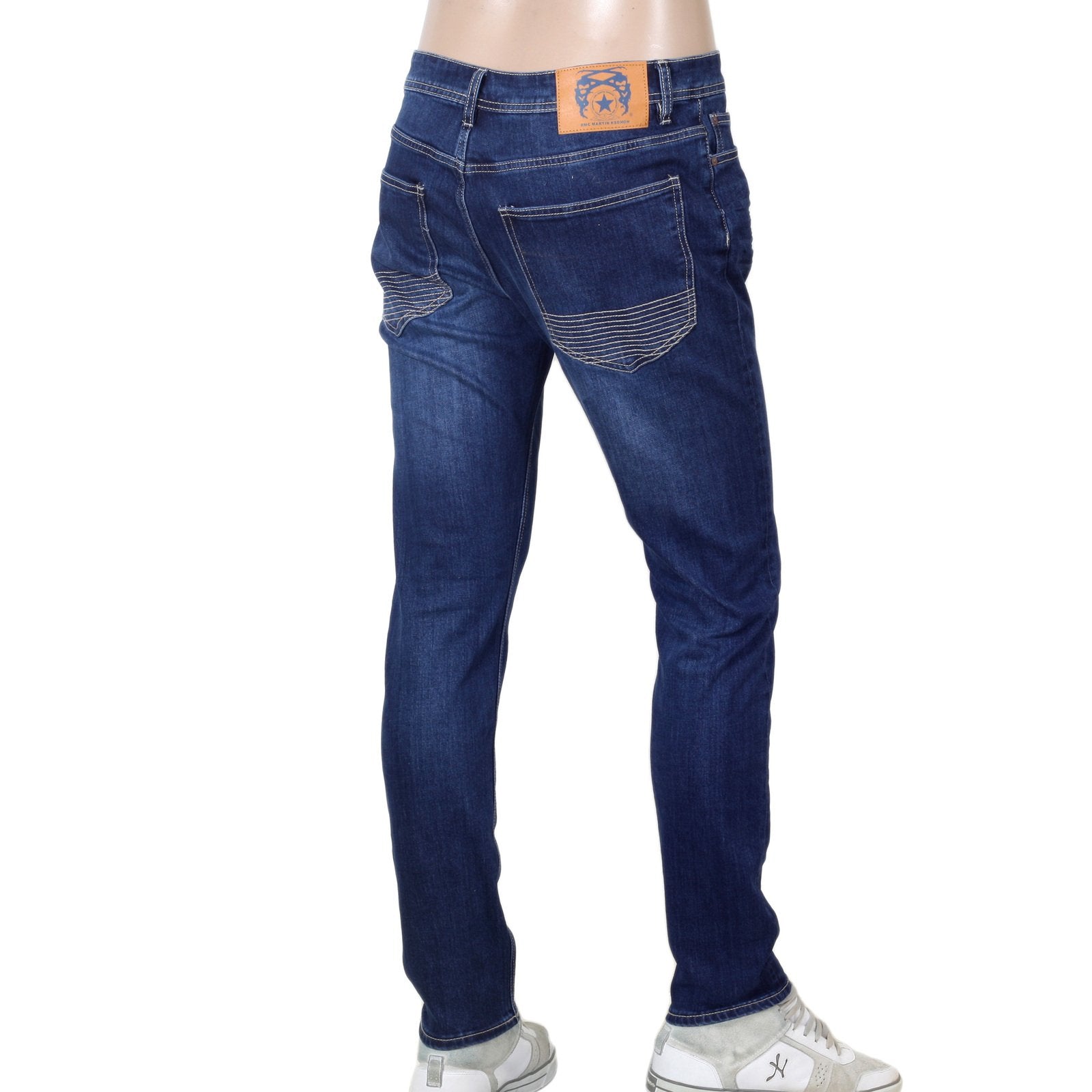 RED MONKEY RMC RPQ16135 STRETCH COTTON MIX SLIM FIT WASHED DARK BLUE DENIM JEANS WITH BUTTON FLY RMC7523
