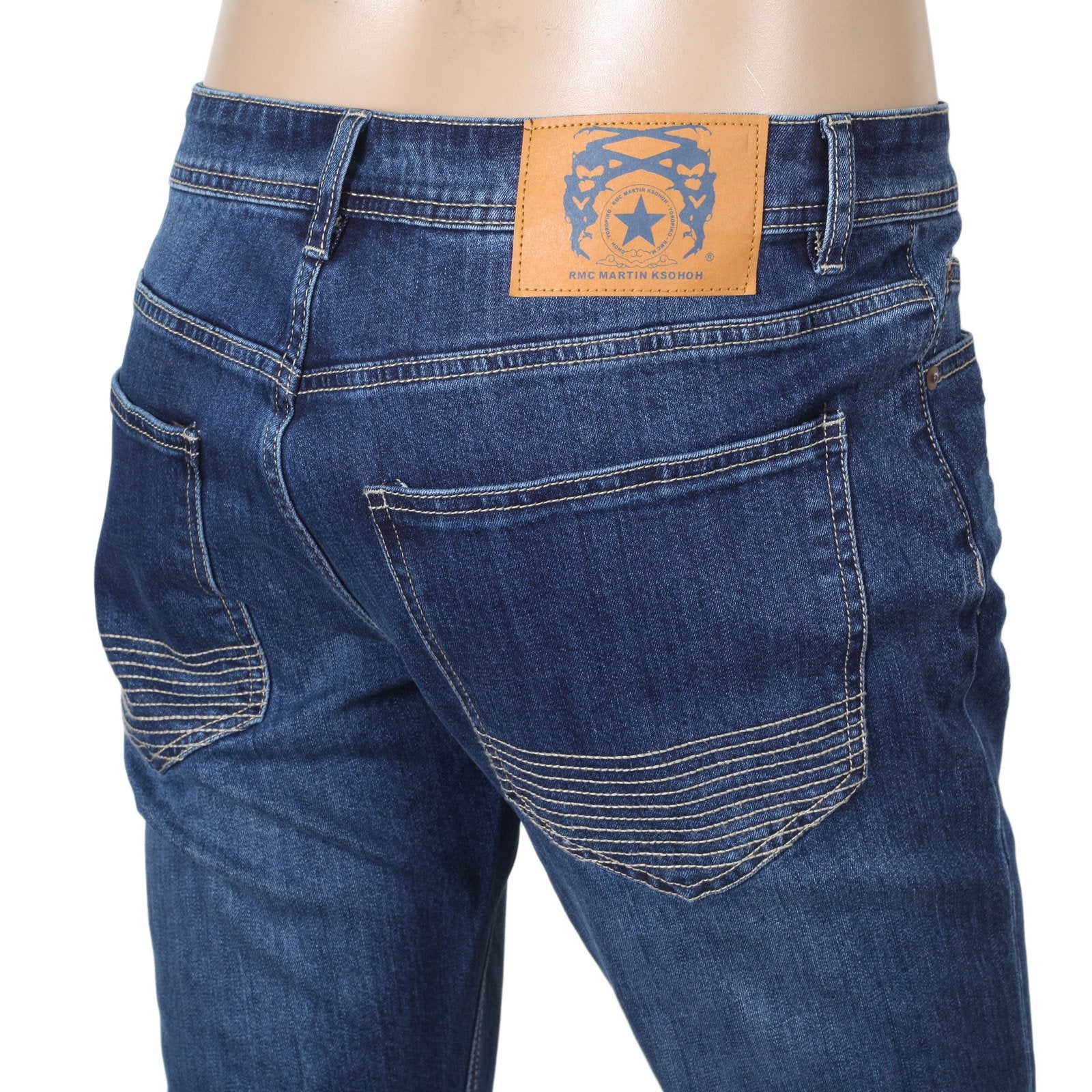 RED MONKEY RMC STRETCH RPQ16135 COTTON MIX SLIM FIT MID BLUE WASHED DENIM JEANS WITH BUTTON FLY RMC7522