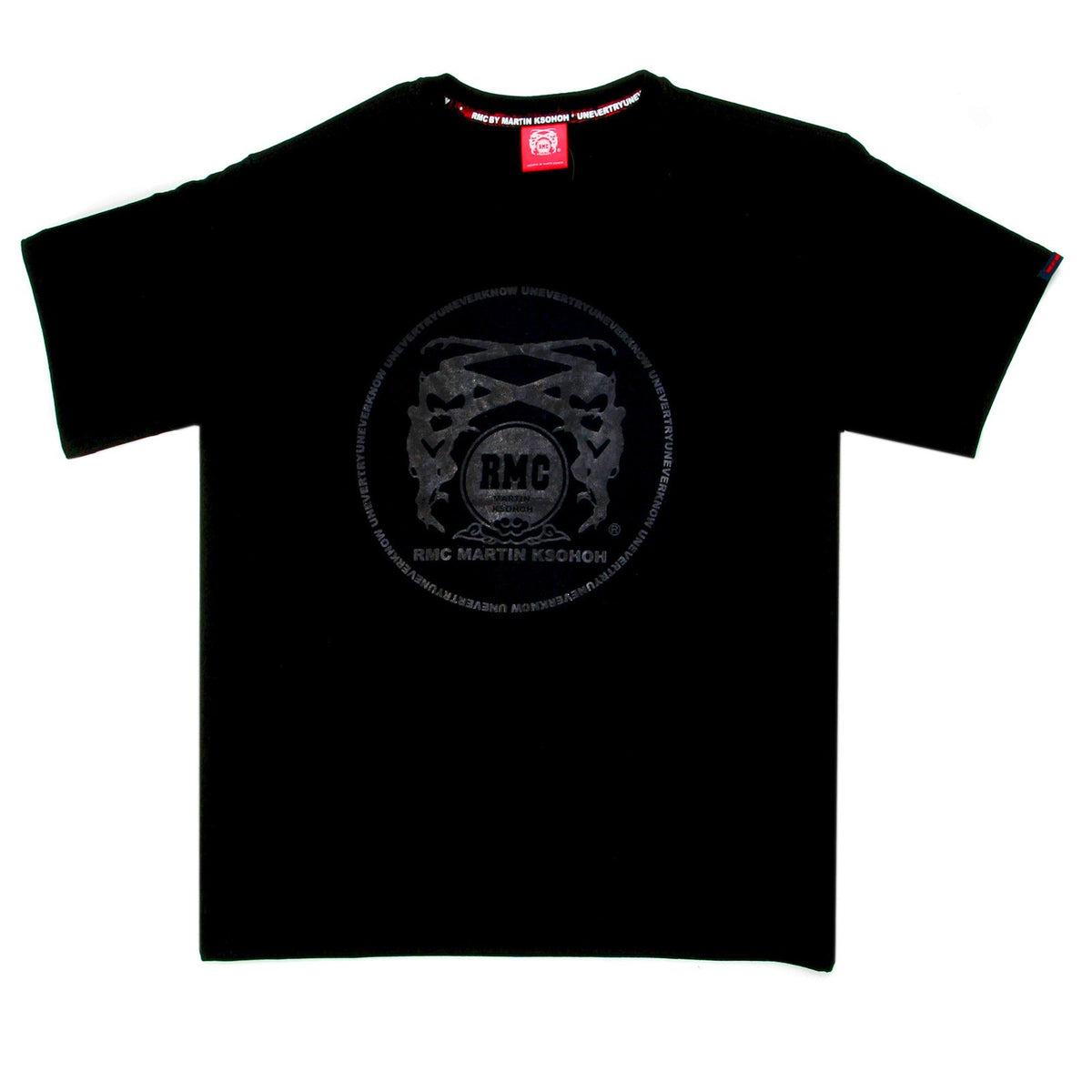 RMC MARTIN KSOHOH REGULAR FIT FINE RIBBED CREW NECK SHORT SLEEVE BLACK T SHIRT WITH LOGO PRINT REDM0066