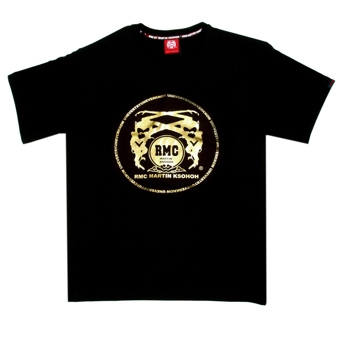 RMC MARTIN KSOHOH REGULAR FIT CREW NECK 100% COTTON SHORT SLEEVE BLACK T SHIRT WITH GOLD LOGO PRINT REDM0071