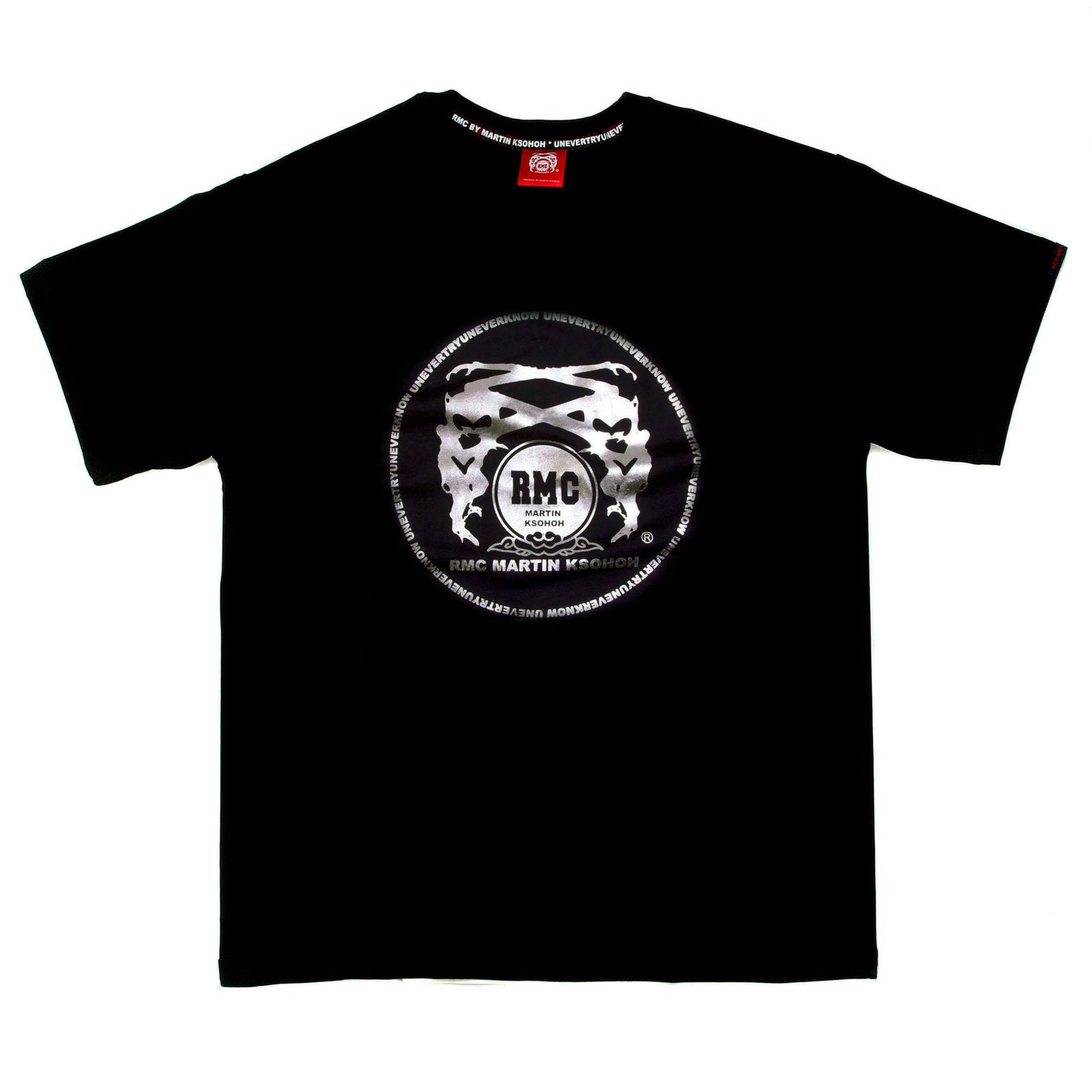 RMC MARTIN KSOHOH 100% COTTON REGULAR FIT CREW NECK SHORT SLEEVE BLACK T SHIRT WITH SILVER LOGO PRINT REDM0072