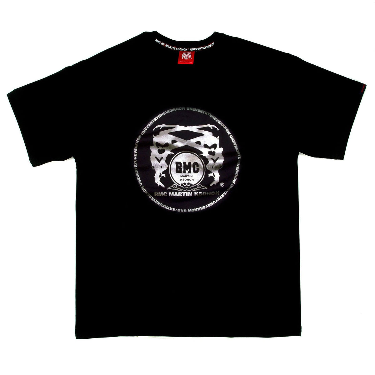 RMC MARTIN KSOHOH 100% COTTON REGULAR FIT CREW NECK SHORT SLEEVE BLACK T SHIRT WITH SILVER LOGO PRINT REDM0072