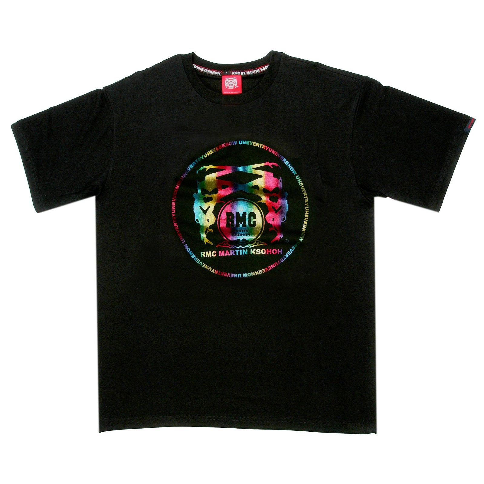 RMC MARTIN KSOHOH REGULAR FIT CREW NECK SHORT SLEEVE BLACK T SHIRT WITH RAINBOW LOGO PRINT REDM0073